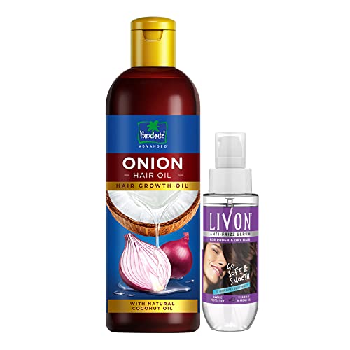 Parachute Advanced Onion Hair Oil for Hair Growth & Reduced Hair Fall (200ml) + Livon Hair Serum for Dry & Frizz-Free Hair (50ml) – Hair Care Combo for Stronger, Smoother Locks | Perfect for Daily Use, Salon-Like Results at Home