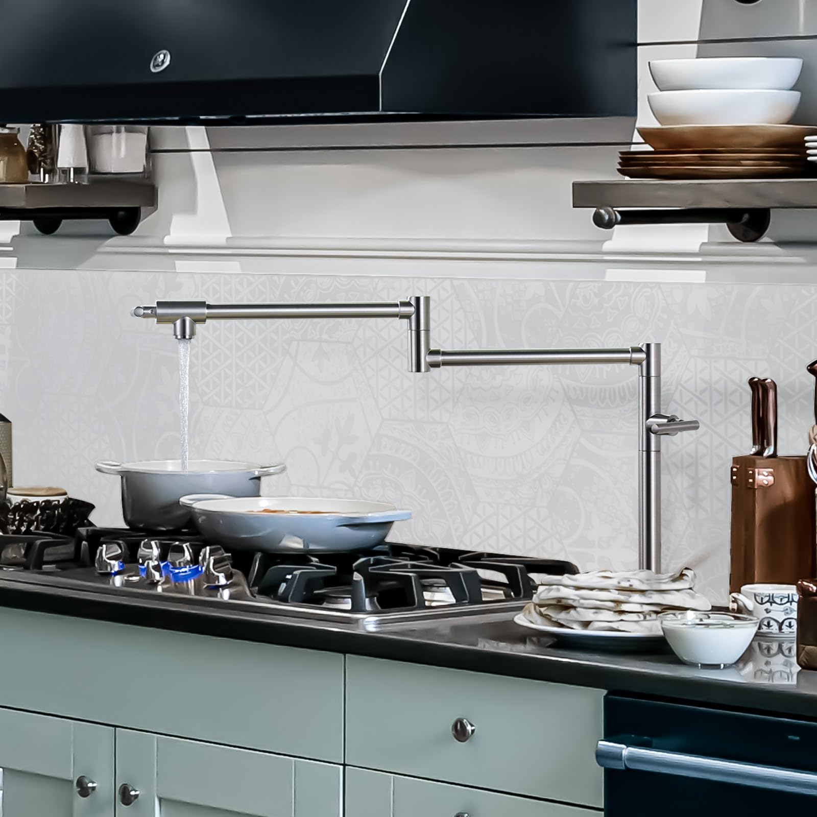 **Brass Deck Mount Pot Filler Faucet for Kitchen Sink - Brushed Nickel Finish, Double Joint Swing Arms - Perfect for Over Stove & High Backsplash Installations**