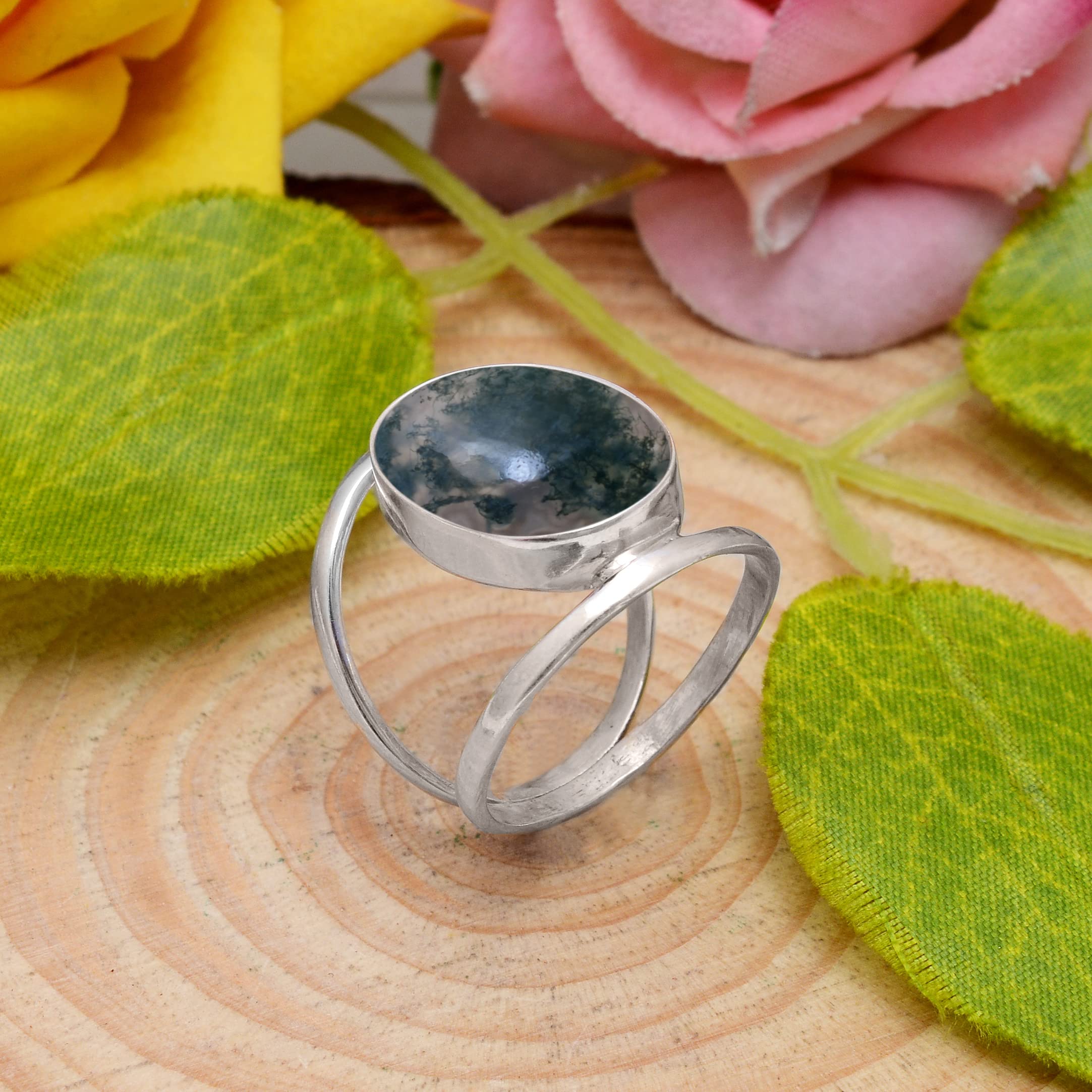 Veracity Jewelry Moss Agate Rings for Women - 925 Sterling Silver Healing Meditation Rings with Natural Green Gray Moss Agate Gemstone - Elegant Spiritual Jewelry for Yoga, Meditation & Everyday Wear - VSR-414