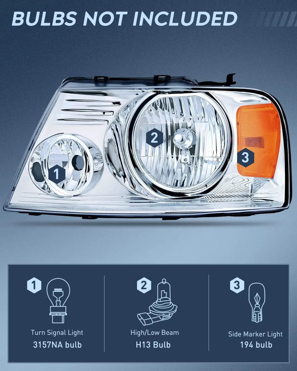 2004-2008 Ford F150 & 2006-2008 Lincoln Mark LT Headlight Assembly - Chrome Housing with Amber Reflector - Replacement for Night Driving & Off-Road Use