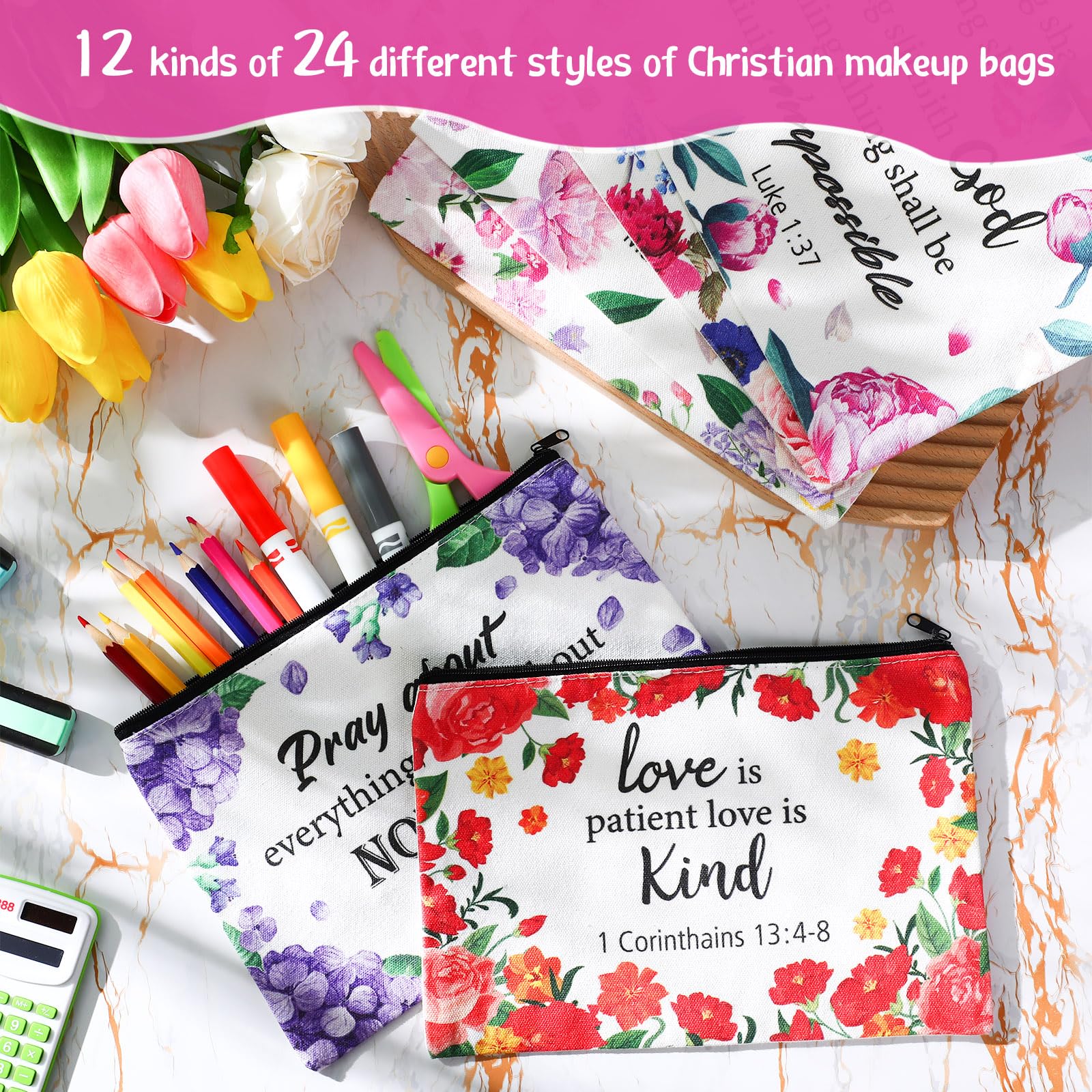 24 Pack Christian Makeup Bags with Bible Verses - Inspirational Canvas Cosmetic & Toiletry Pouches with Zipper for Women - Floral Design for Organizing Cosmetics, Stationery, Travel Essentials (Perfect for Church, Bible Study & Daily Use)