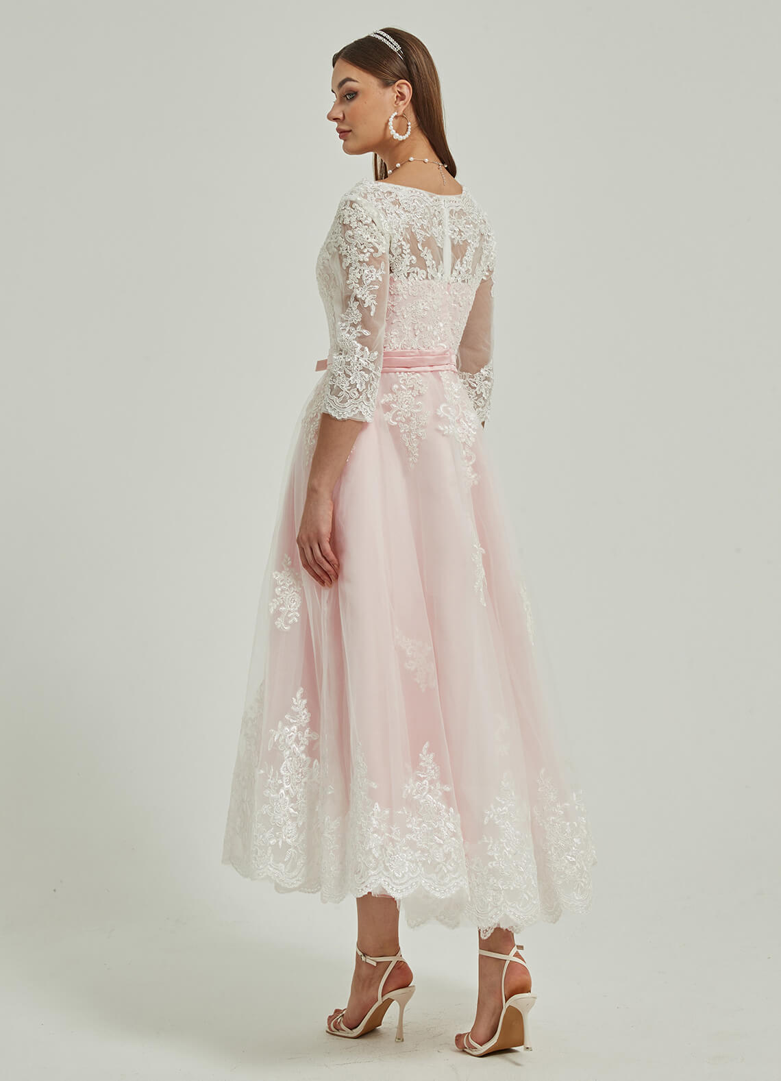 Elegant Diamond White & Blush Lace A-Line Wedding Dress with 3/4 Sleeves & High-Low Hem - Perfect for Beach Weddings, Vow Renewals & Romantic Photoshoots