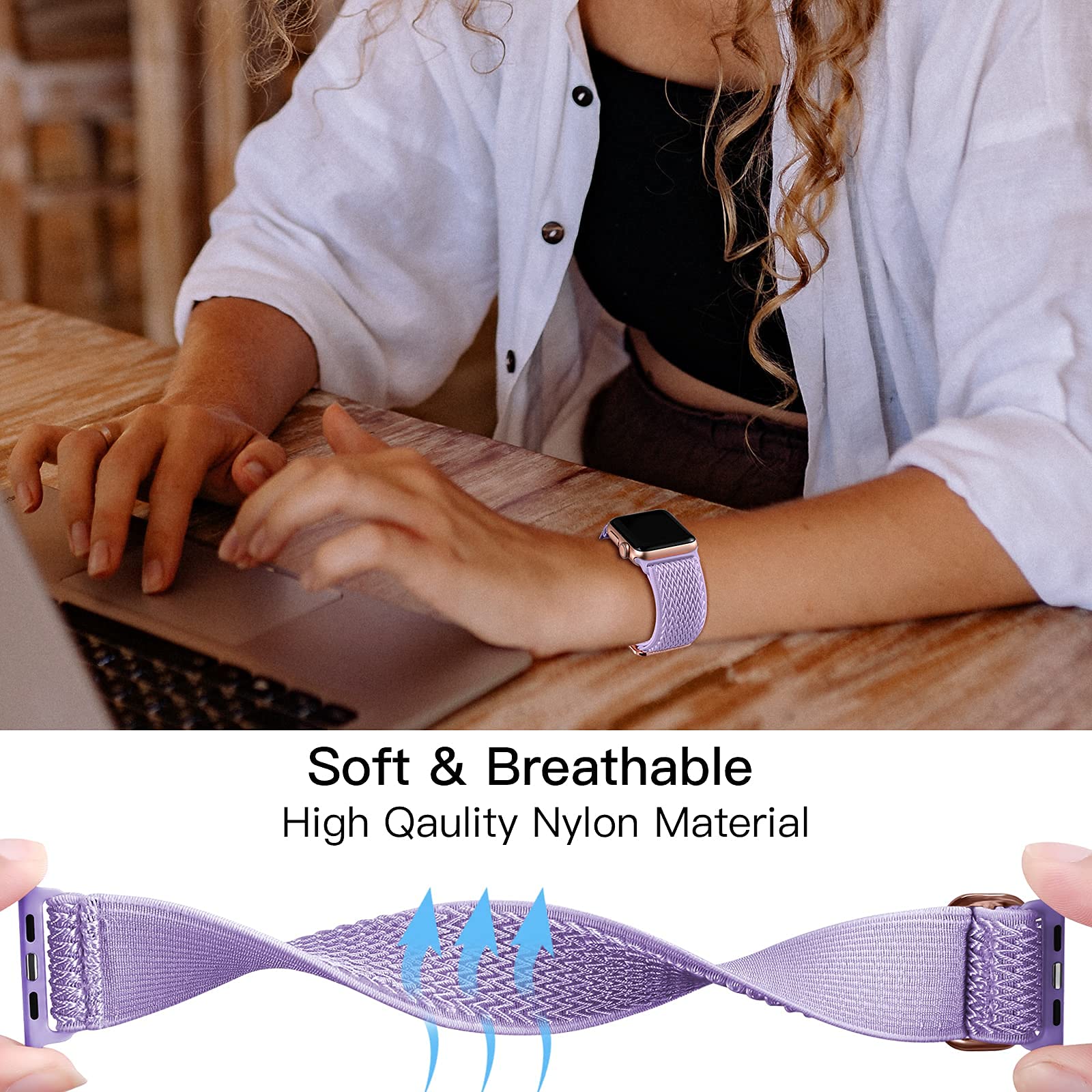 Lerobo Stretchy Nylon Solo Loop Sport Band Compatible with Apple Watch Series 10/9/8/7/SE/6/5/4/3/2/1 (44mm 45mm 46mm 49mm) - Soft Breathable Adjustable iWatch Band for Women & Men - Perfect for Workouts, Running & Daily Wear - Lavender