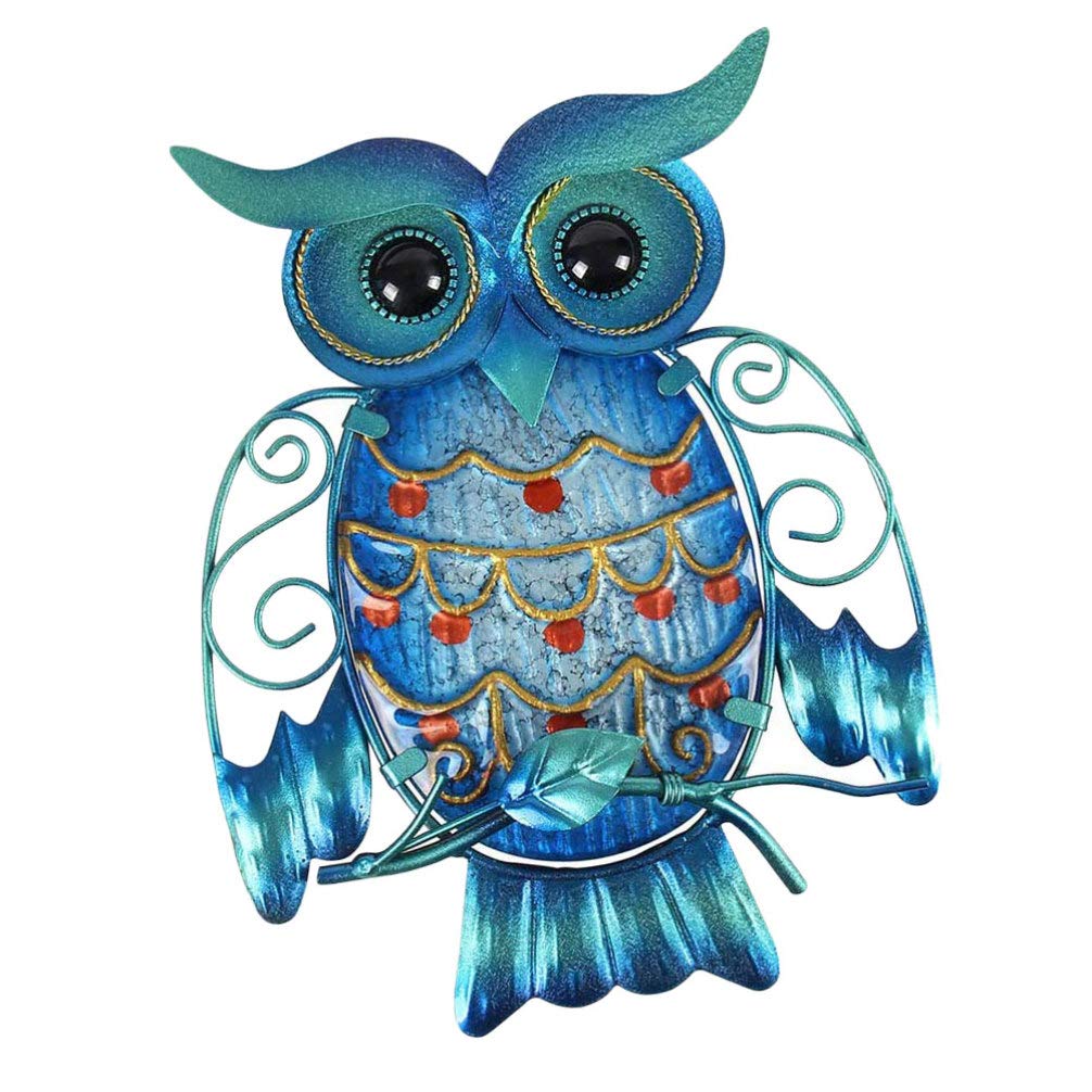 Vintage Ceramic & Metal Owl Wall Decor with Blue Glass - Handcrafted Outdoor Hanging Art Sculpture for Patio, Porch, Garden, Bedroom - Perfect for Boho, Farmhouse & Rustic Home Decor Styles