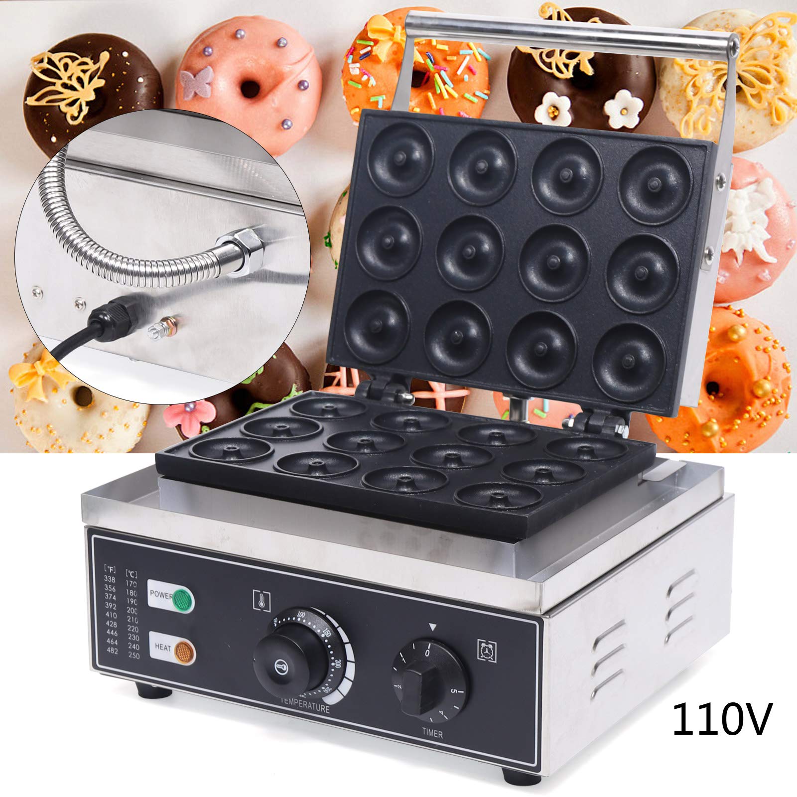 Electric Donut Maker Machine - 12Pcs Stainless Steel Commercial Doughnut Baker, 110V 1550W Nonstick Pancake & Donut Maker for Home & Bakery - Perfect for Breakfast, Parties, Cafes and Dessert Shops
