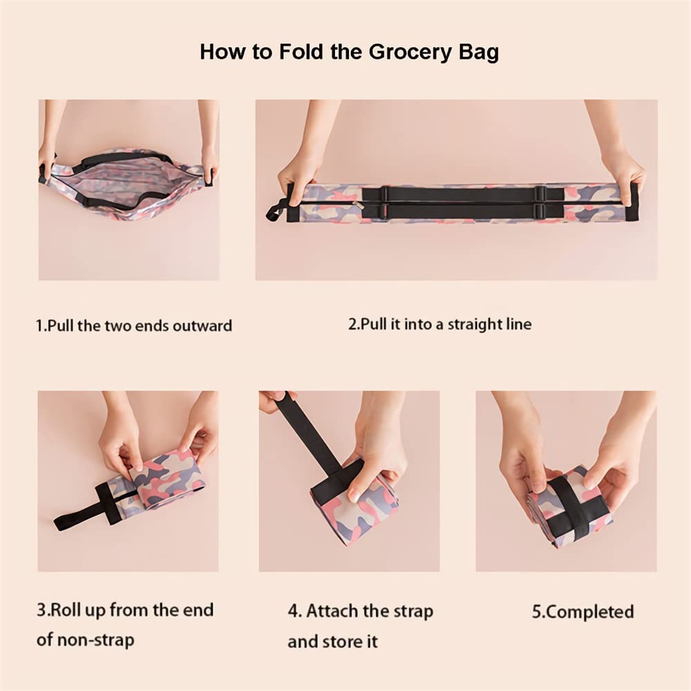2-Pack Reusable Grocery Bags with Handles - Foldable, Washable & Waterproof Large Capacity Shopping Tote Bags - Pink Camouflage Design - Perfect for Groceries, Beach Trips & Travel (Q85)
