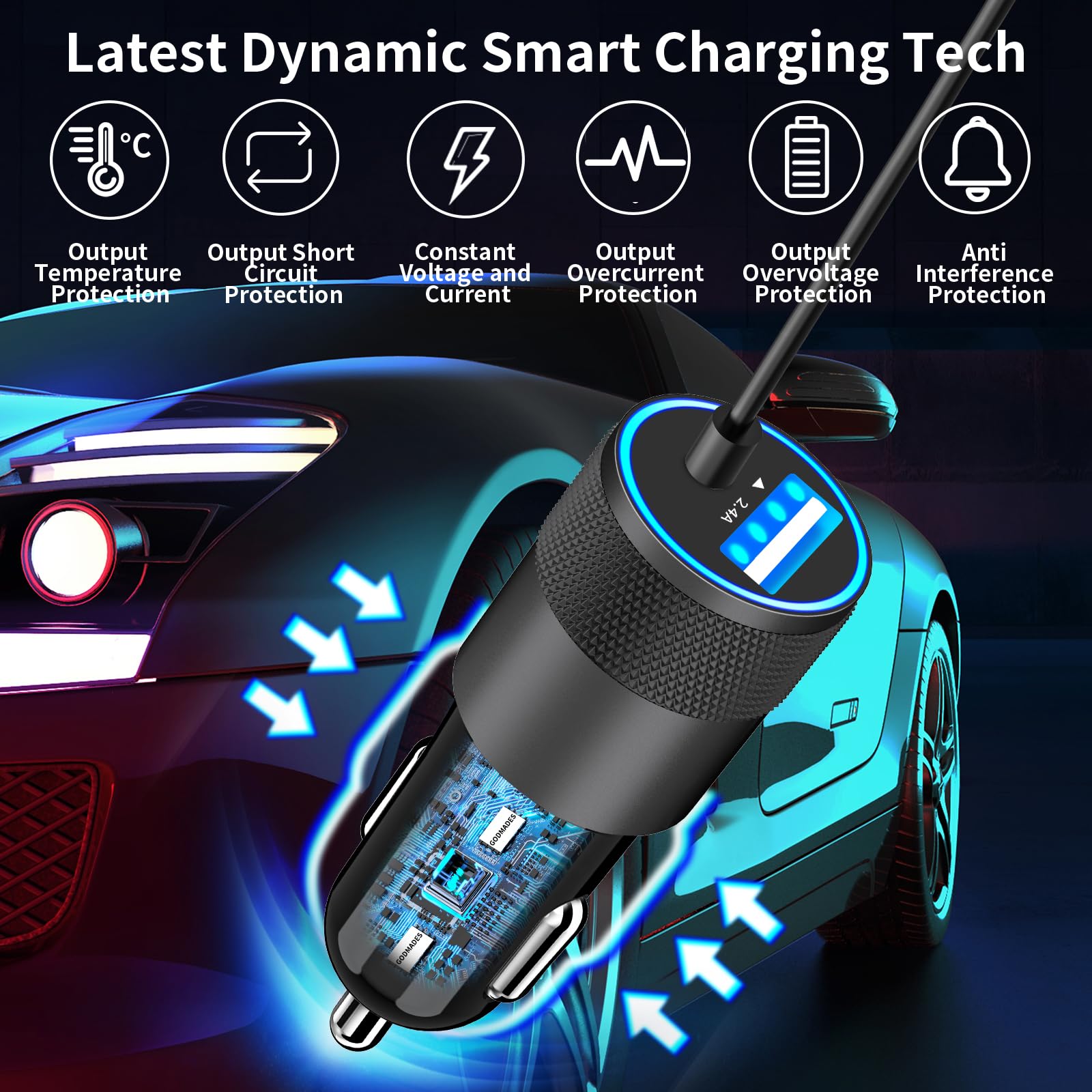 Apple MFi Certified Fast Car Charger for iPhone 15 - 4.8A Dual USB & USB-C Car Power Adapter with 6FT Type-C Cable - Compatible with iPhone 15 Pro/Pro Max, Galaxy S24/S23, Pixel, iPad Pro - Perfect for Road Trips & Daily Commuting
