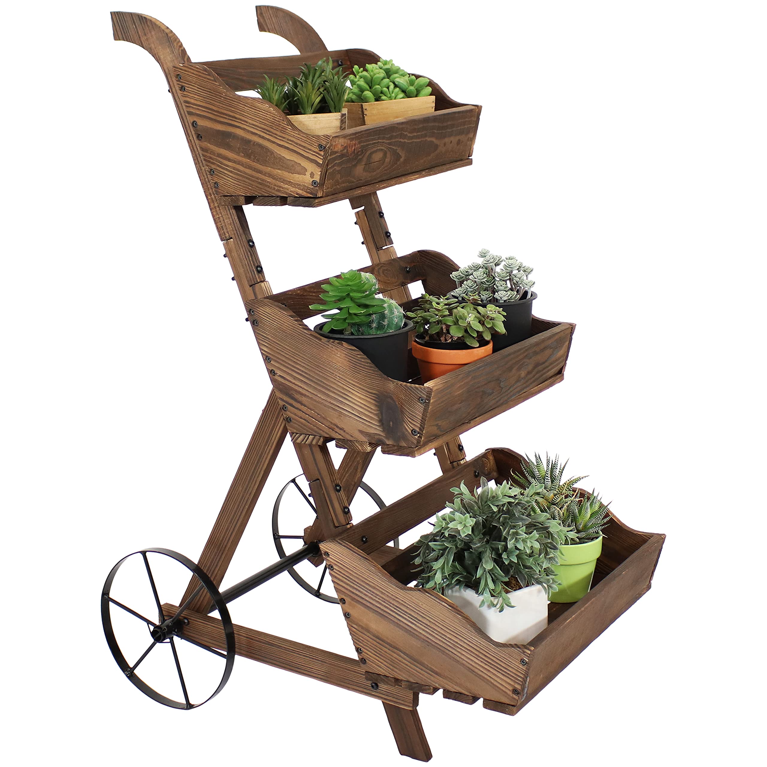 3-Tier Wooden Plant Stand with Iron Wheels - Mobile Rolling Garden Cart for Indoor/Outdoor Plants - 39.25 Inch Height Brown Finish - Perfect for Patio, Balcony & Home Decor