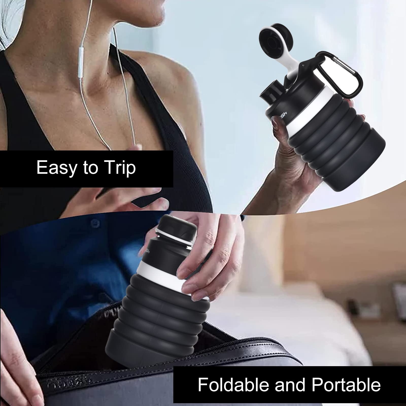 **Muslish 18oz (550ml) Collapsible Water Bottle - BPA Free Silicone, Foldable & Leak Proof - Portable Reusable Sports Water Bottle with Carabiner for Travel, Gym, Camping, Hiking (Charcoal Gray) - Stay Hydrated On-The-Go**