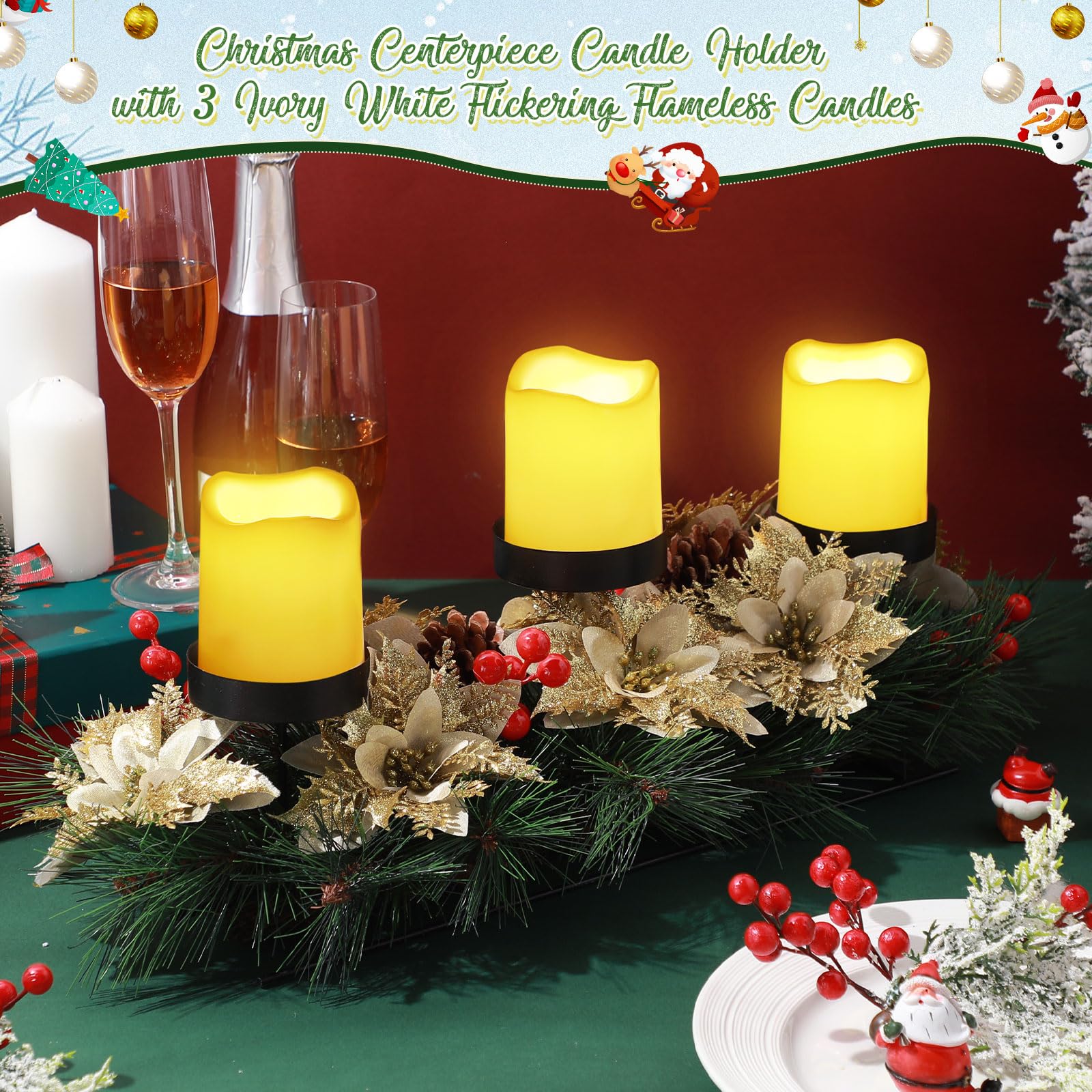 17 Inch Gold Artificial Christmas Candle Holder Centerpiece with 3 Ivory White Flameless Flickering Candles - Remote Control & Timer - Holiday Table Decor for Christmas Party, Dining Room, Fireplace Mantel