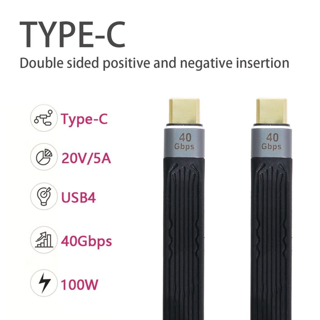 Chenyang USB-C to USB-C Cable 40Gbps USB4 100W PD Fast Charging 8K Video Flat Slim FPC Data Cable (13cm) - Compatible with MacBook, Laptop, Phone & Tablet for Home Office & Travel Charging