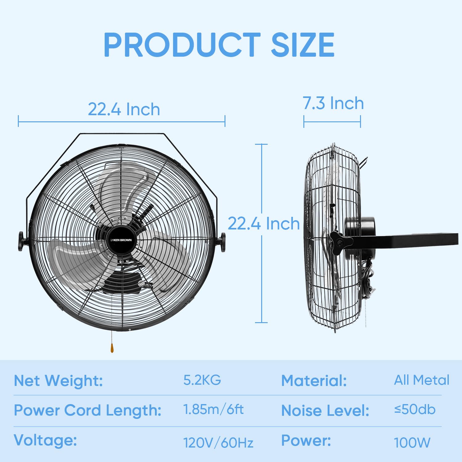 KEN BROWN 18 Inch Industrial Wall Mount Fan - 4300 CFM Heavy Duty Metal Fan with 3-Speed High Velocity & Oscillation - Perfect for Patios, Shops, Greenhouses, Garages, Commercial Spaces & Gazebos | Ideal for Cooling Large Areas, Ventilation & Air Circulation
