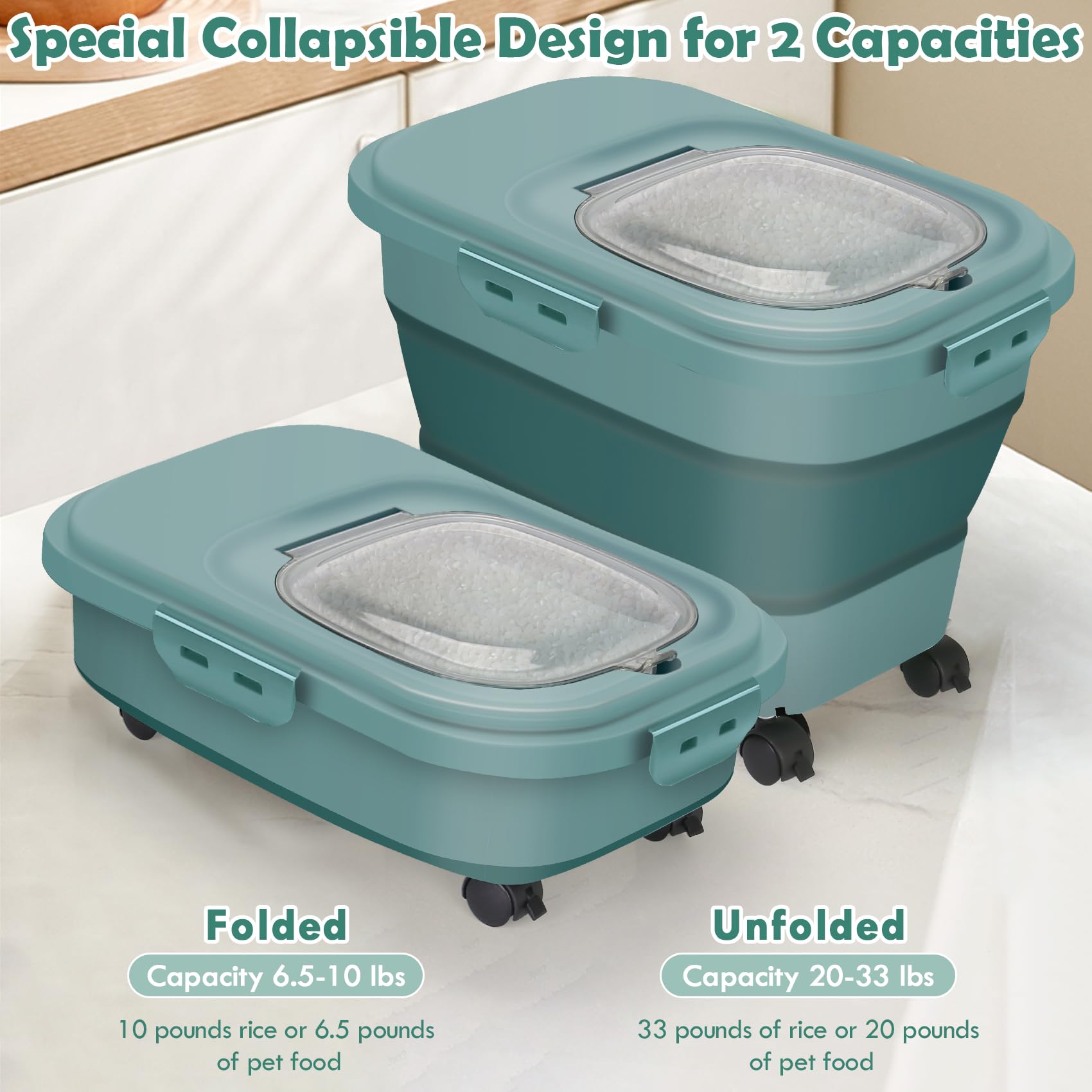 20LBS Airtight Rice & Flour Storage Container with Wheels - Large Pet Food Bin for Dog, Cat, Kibble - Includes Scoop & Measuring Cup - Collapsible Kitchen Organizer for Cereal, Grains & Dry Food - Perfect for Pantry, Kitchen & Pet Food Storage