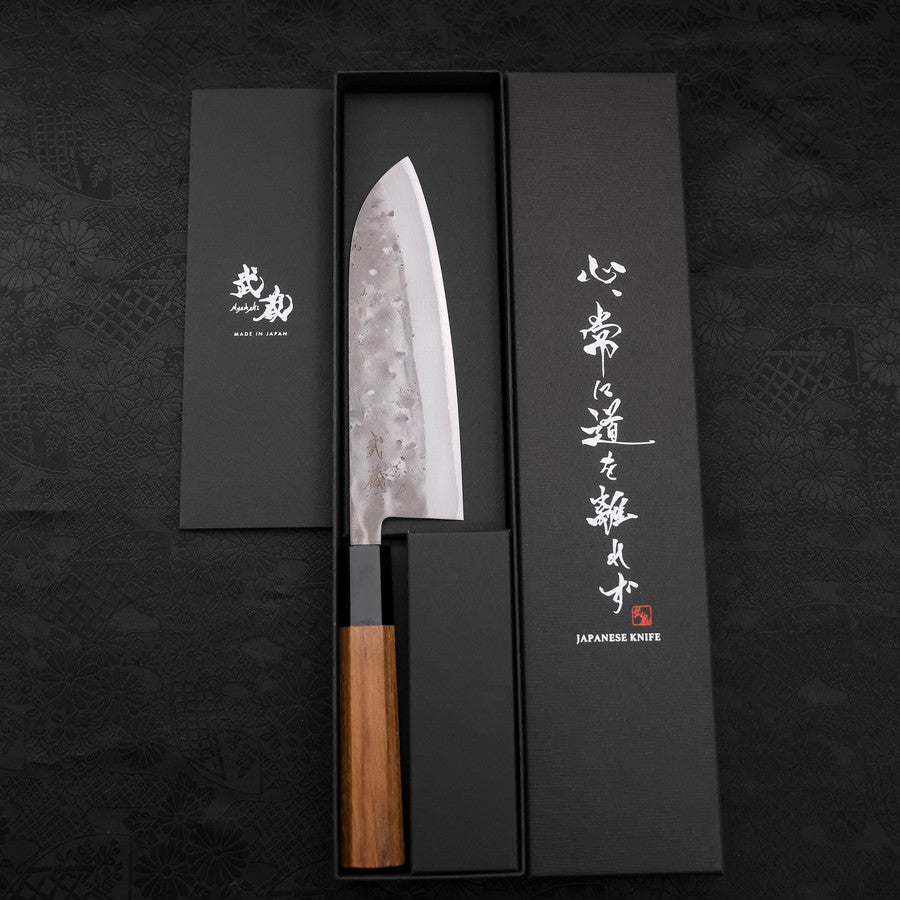 Premium Santoku Knife 165mm - Blue Steel #2 Nashiji Stainless Clad with Buffalo Teak Handle - Japanese Chef Knife for Slicing, Dicing & Chopping Vegetables, Meat & Fish - Perfect for Home Cooks & Professional Kitchens