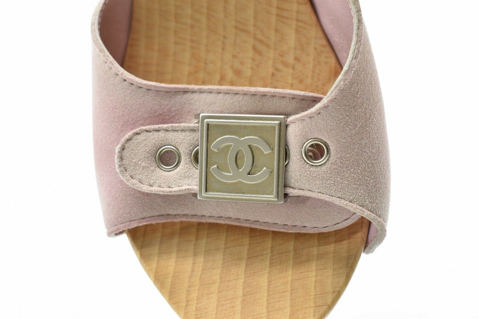 Chanel Pink Suede CC Logo Buckle Wood Slide Heels Sandals - Women's Size 35 US 5 | Summer Weddings, Beach Vacations & Casual Outings