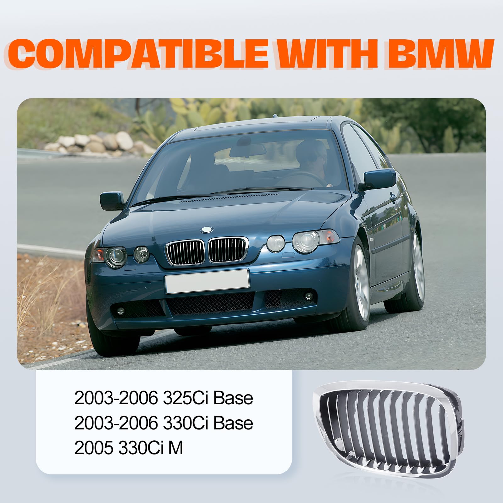 Chrome & Black Front Grille for 2003-2006 BMW 325Ci 330Ci - Right Side Replacement (Part# 51137064318 BM1200157) | Perfect for Car Upgrades & Customization