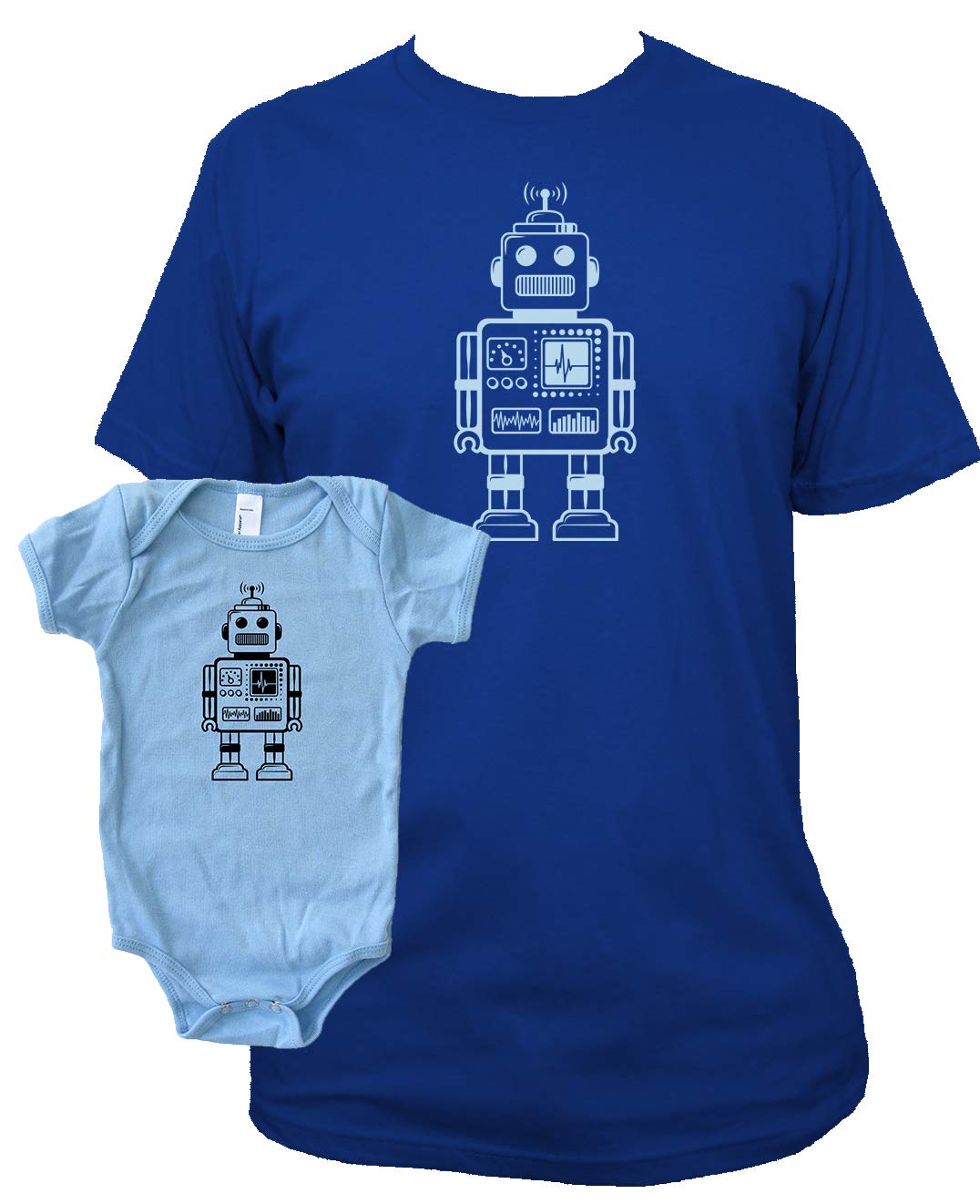 Father and Son Matching Robot T-Shirts - Blue Set for Dad & Baby (12-18 Months) | Perfect for Father's Day Gifts & Family Photo Outfits