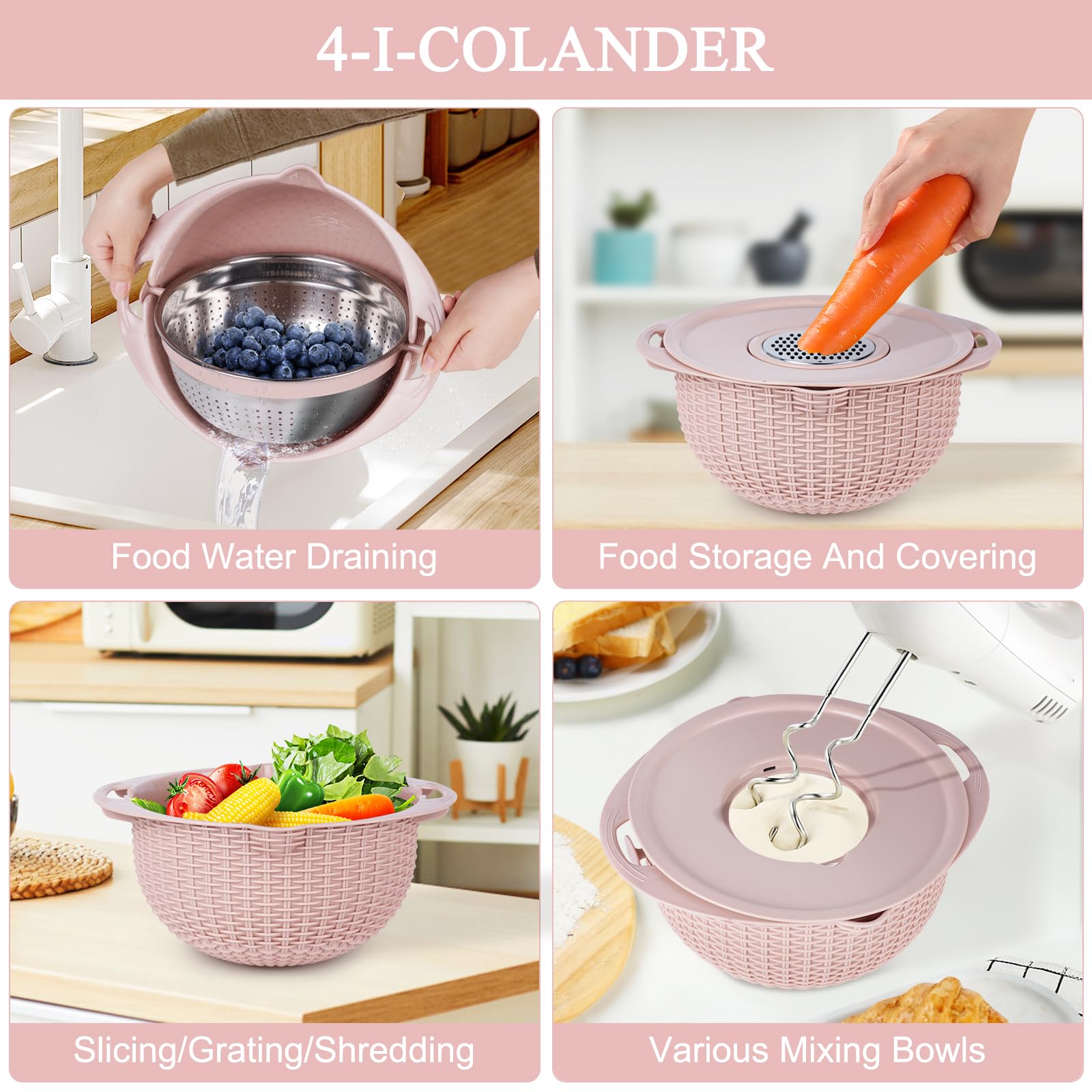 4-in-1 Rotating Colander and Mixing Bowl Set - Kitchen Strainer for Pasta, Rice, Fruits & Vegetables - BPA-Free Food Colander with Handle - Perfect for Washing, Draining & Food Prep (Pink)