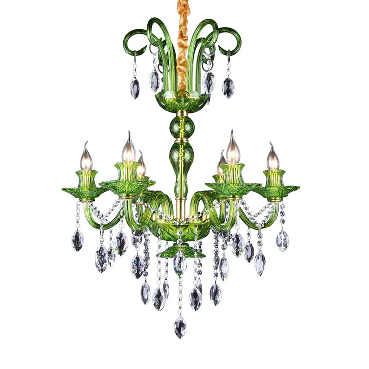 Elegant Modern Crystal Chandelier - 6-Light Candle Candelabra Pendant Ceiling Fixture for Dining Room, Living Room, Bedroom - Green Glass Hanging Lights for Home Decor and Special Occasions