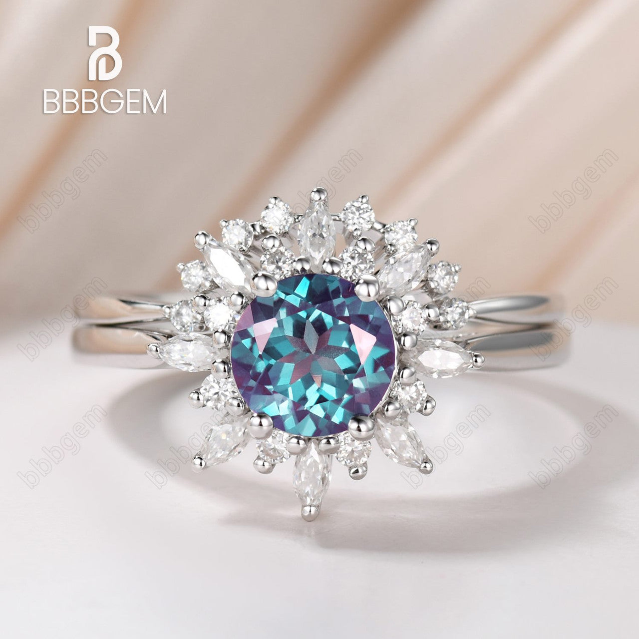 Floral Blue Round Alexandrite Engagement Ring Set 2pcs With Diamond or Moissanite - Elegant Wedding Jewelry for Proposals, Anniversaries & Romantic Occasions