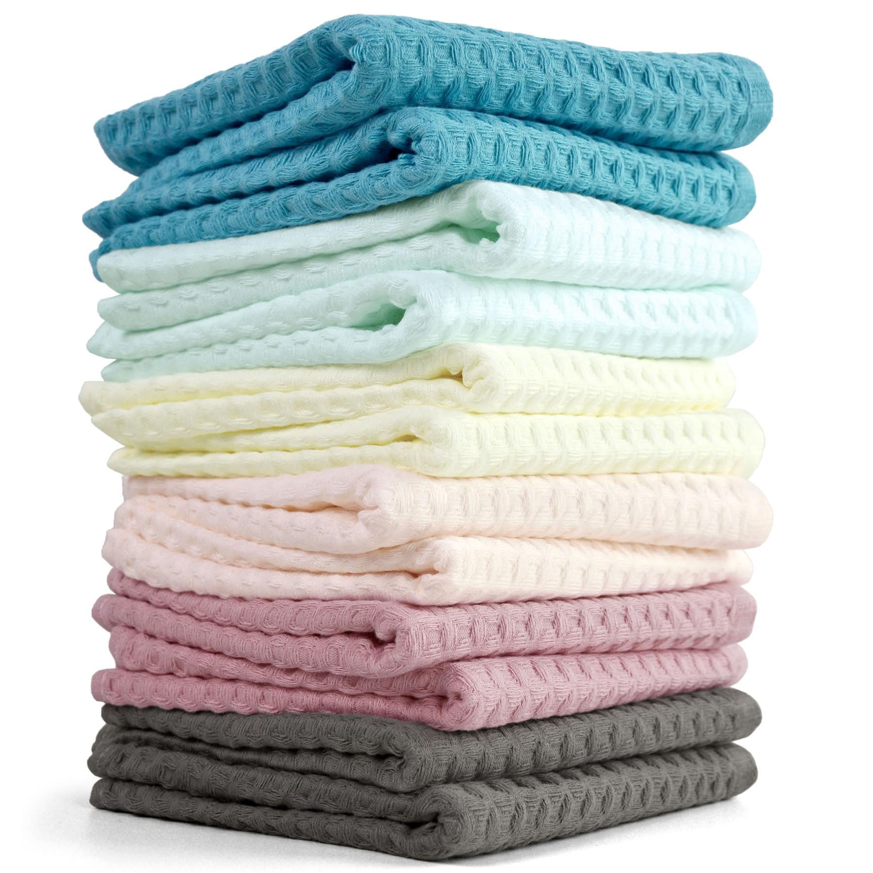 Cleanbear 12-Pack Cotton Waffle Weave Washcloths for Face & Body - 13x13 Inch Soft Bath Towels (6 Colors) - Perfect for Spa, Baby Care & Gentle Exfoliation