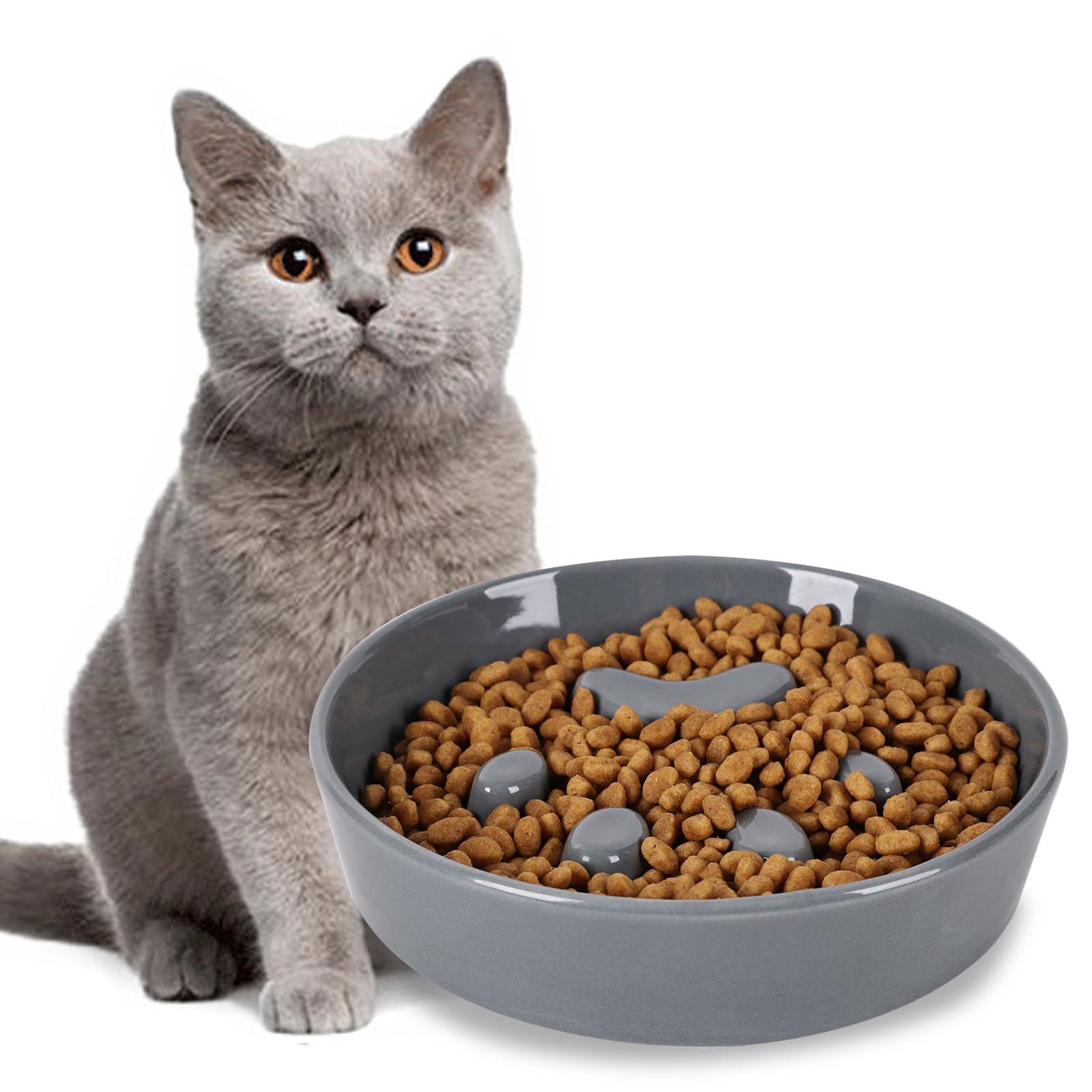 Ceramic Slow Feeder Cat Bowls - Fun & Interactive Cat Food Dish for Fast Eaters, Grey - Perfect for Portion Control & Preventing Bloat in Indoor Cats