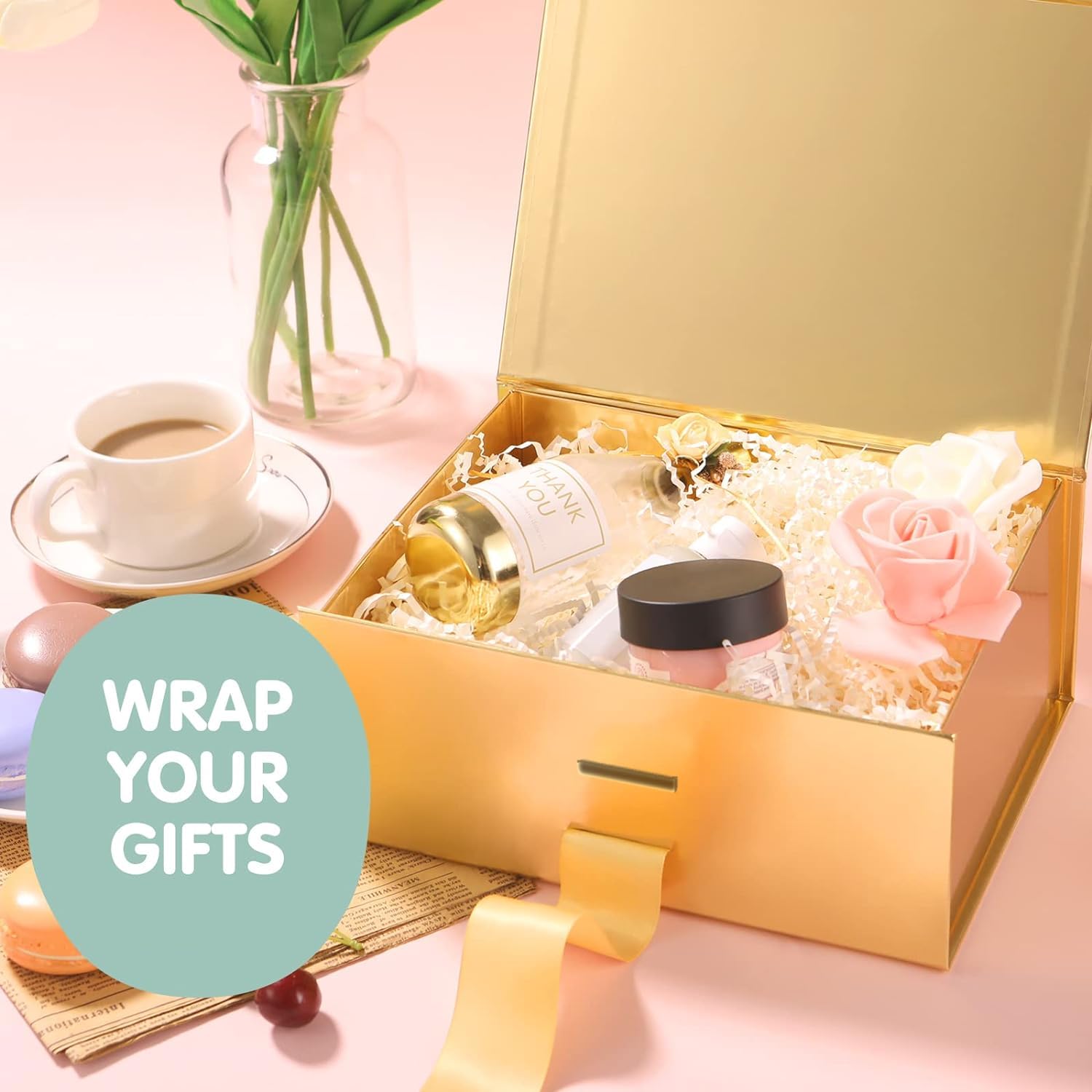 Elegant Gold Gift Box with Ribbon - 23x16x10cm Reusable Folding Present Box for Rakhi, Birthday Party Favors & Special Occasions | Premium Gift Packaging for Jewelry, Candles & Luxury Items