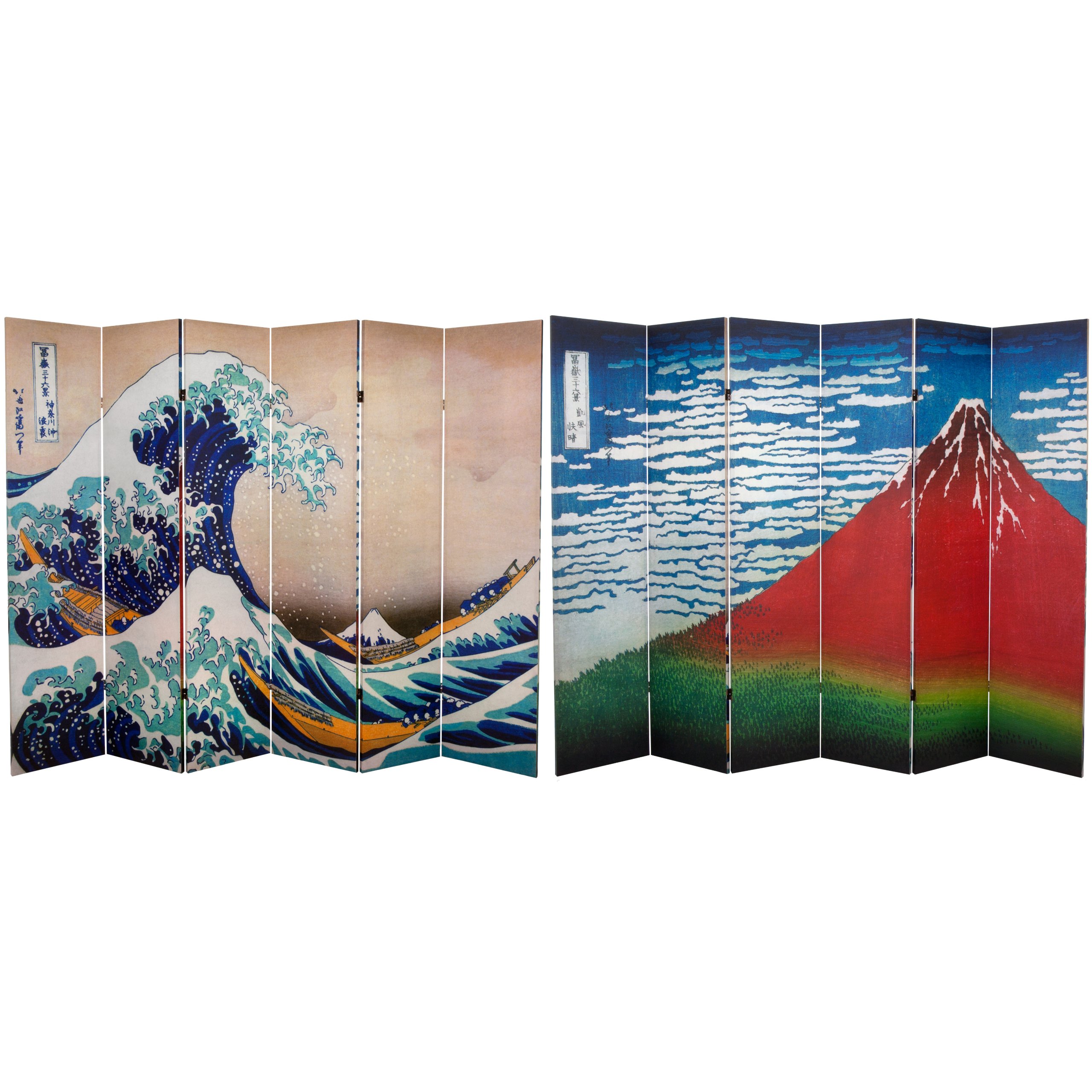 6 ft. Tall Double Sided Hokusai Wave & Red Fuji Japanese Room Divider - 71 Inch Height, 6 Panel Folding Screen - Natural Wood Finish for Home Decor, Office Partition, and Asian-Themed Events