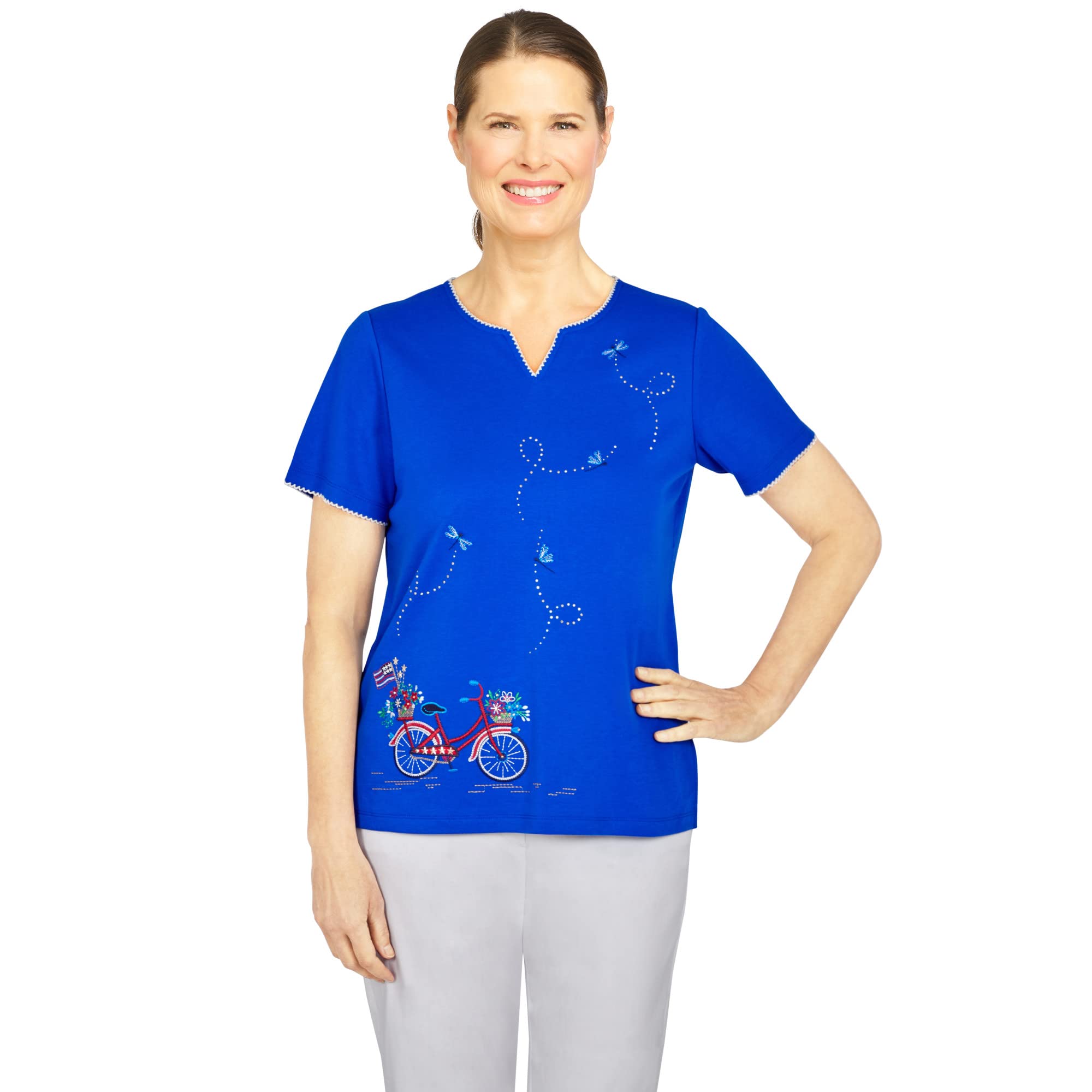Alfred Dunner Women's Petite Embroidered Knit Bike Top - Comfortable Casual Blouse for Cycling & Outdoor Activities