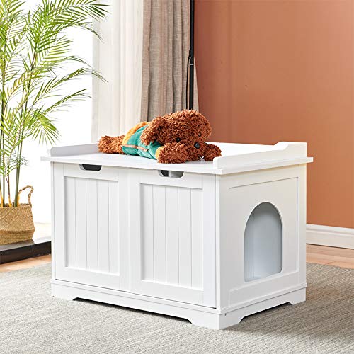 4HOMART Yvonne & F.L.A.M. Large Wooden Cat Litter Box Enclosure - Sturdy Indoor Cabinet with Storage, End Table Design - Perfect for Living Room, Bedroom, or Office Hideaway