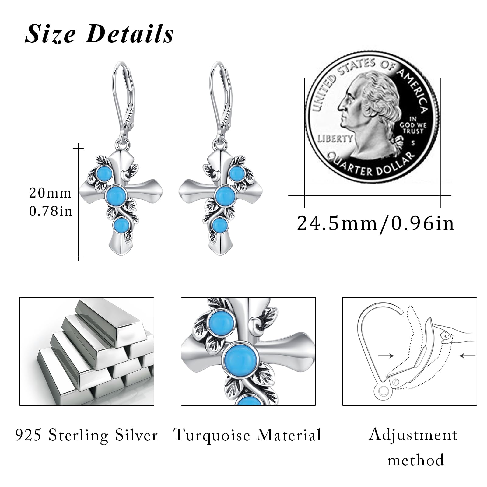 925 Sterling Silver Turquoise Cross Dangle Earrings for Women - Religious Gothic Leverback Jewelry - Perfect Birthday & Christmas Gifts - Ideal for Church, Parties & Everyday Wear