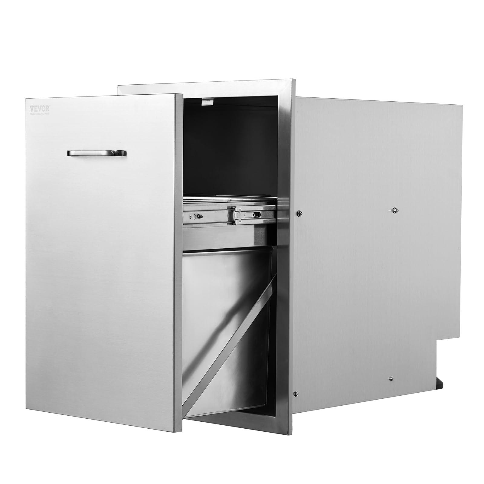 Vevor 17.7x22.8 Inch Stainless Steel Pull Out Trash Drawer with Handle - Raised Style Trash Bin with Pull-Out Tray for Outdoor Kitchen, BBQ Island, Patio, Lawn & Garden - Perfect for Waste Disposal in Outdoor Cooking Areas and Backyard Entertaining