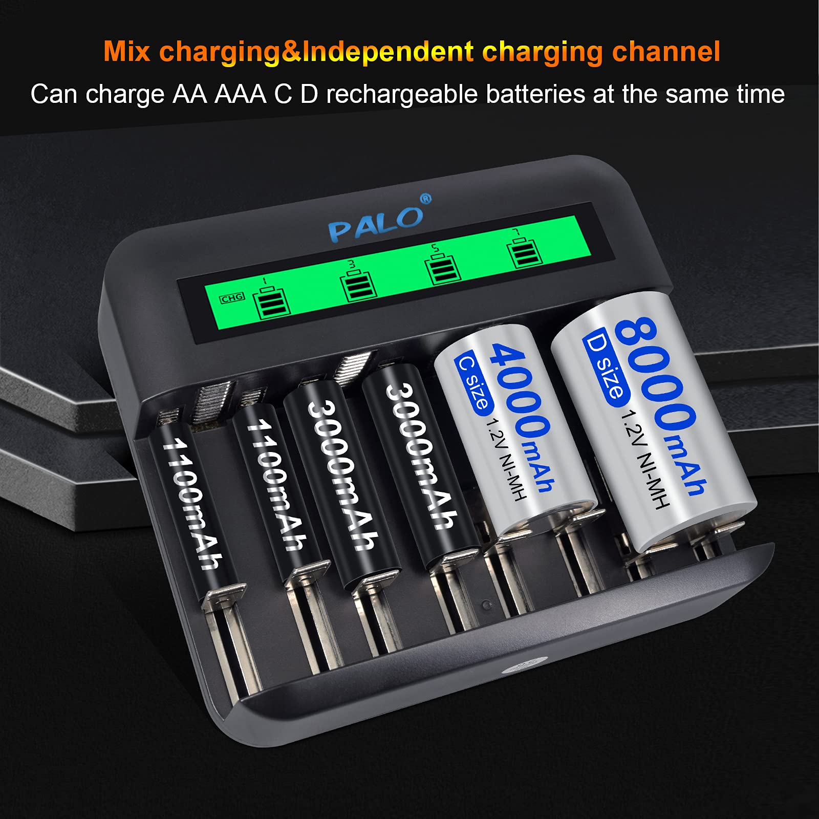 Universal Battery Charger with 4 Pack C Size 4000mAh Rechargeable Batteries - Fast Charging for Toys, Flashlights & Electronics - AA AAA C D Compatible Power Solution
