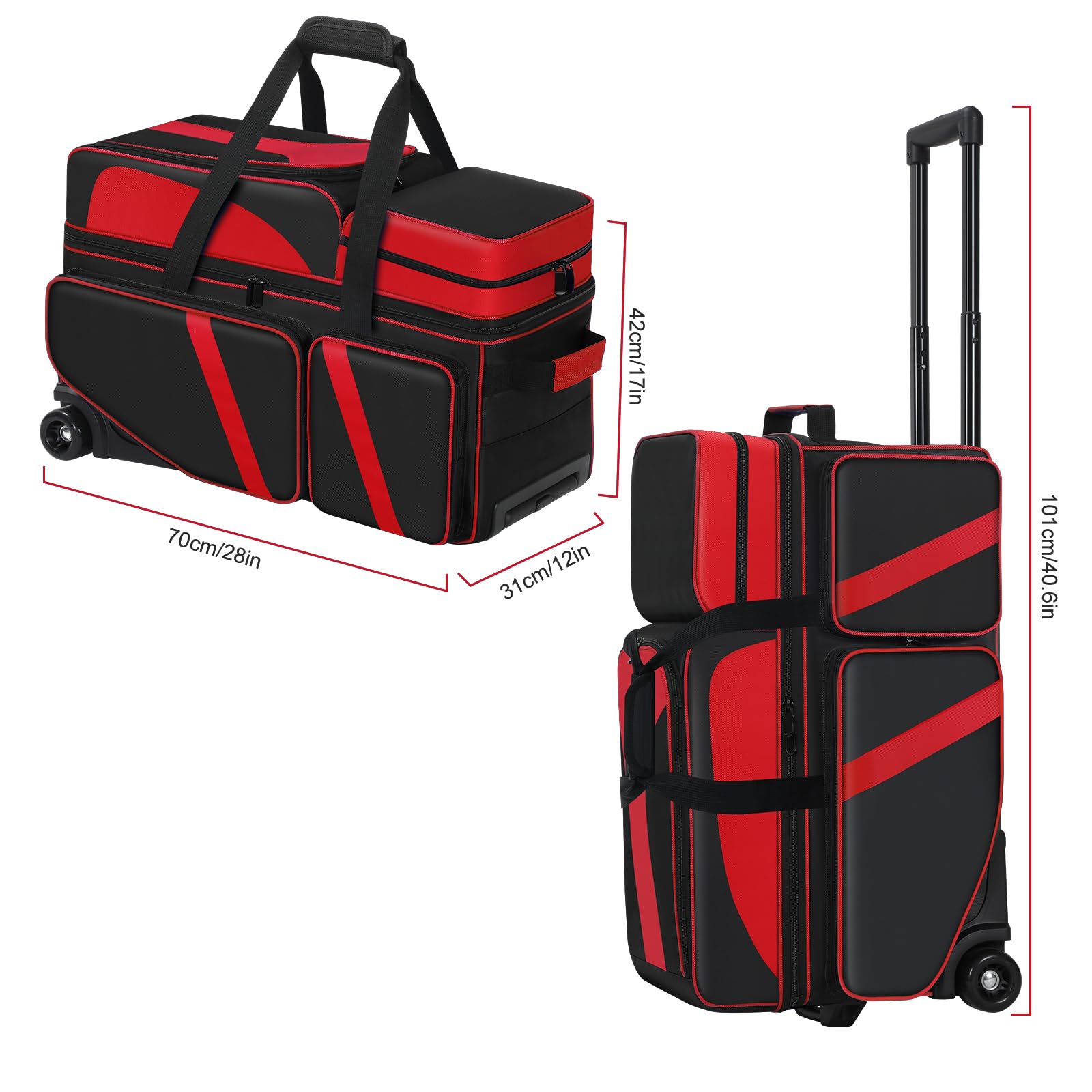 **3 Ball Bowling Bag with Wheels & Shoe Compartment - Retractable Handle Extends to 41.5