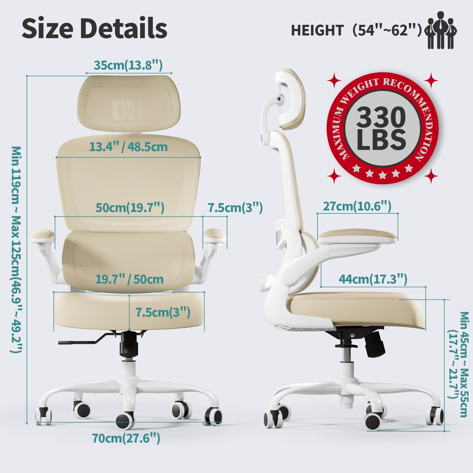 Ergonomic Office Chair with Wheels - 330 LBS Capacity Mesh Computer Desk Chair for Home & Gaming, High Back Support for Long Hours Sitting (Beige) - Perfect for Home Office, Gaming Setup & Workspaces