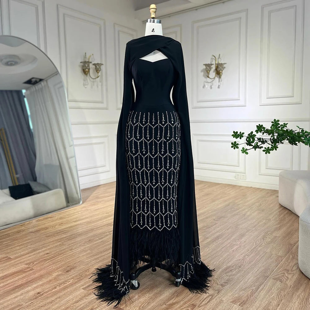 Elegant Black Mermaid Evening Dress with Cape Feather for Women - Arabic Prom Formal Gown for Wedding, Party & Special Occasions | Serene Hill LA72410