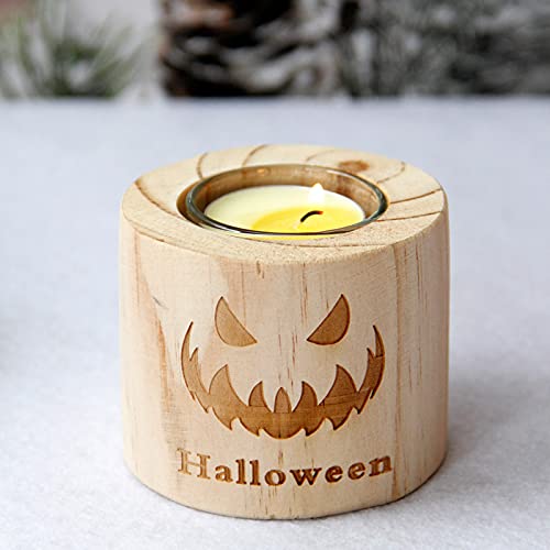 Handmade Personalized Pumpkin Print Glass & Wooden Candle Holder - Halloween Home Decor Cylindrical Candle Stand (Style 1) | Perfect for Fall Centerpieces, Thanksgiving Table Settings & Spooky Party Decorations
