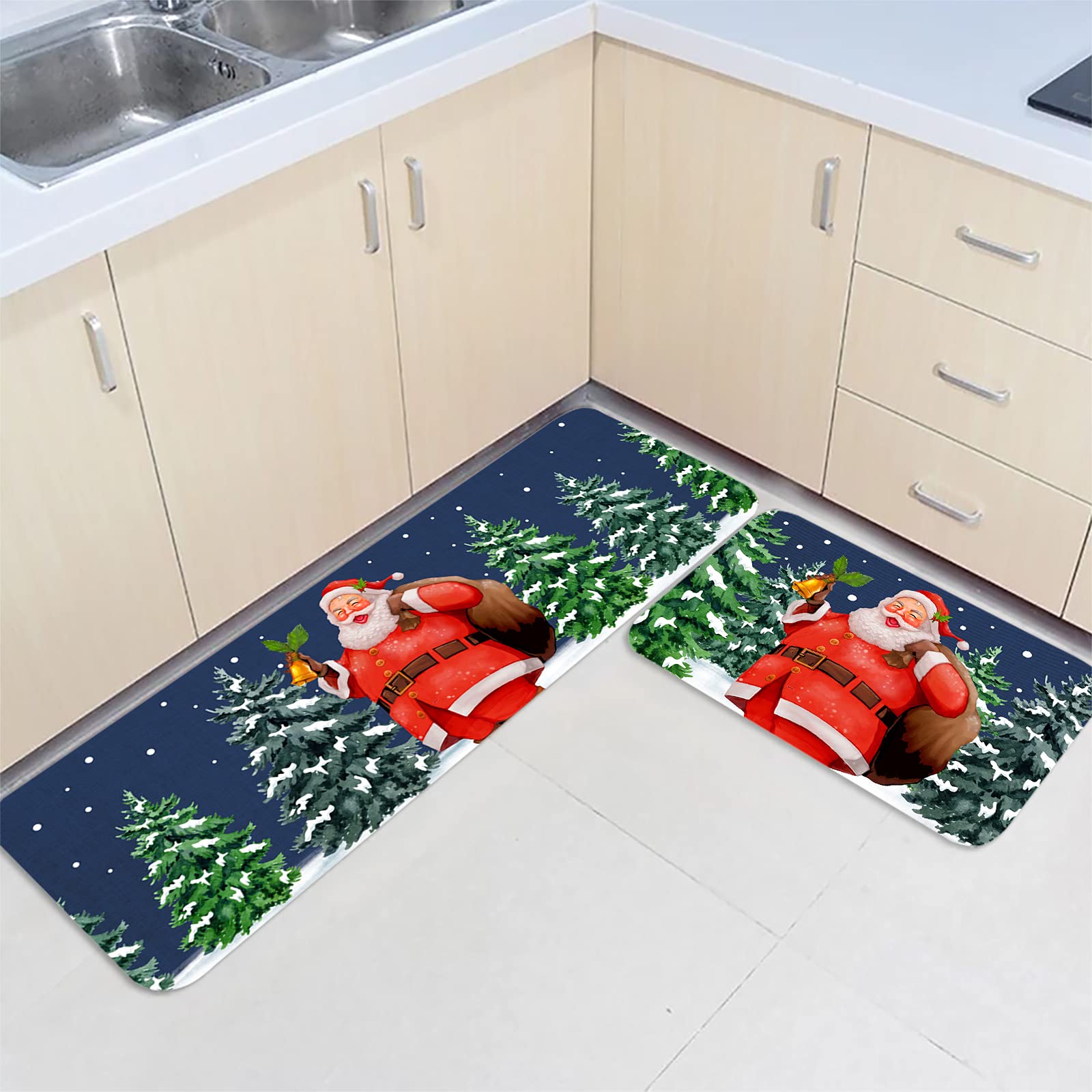 Non-Slip Christmas Santa Claus Green Trees Kitchen Mats 2-Pack - Absorbent Floor Runner Rugs for Winter, Bathroom & Living Room - Perfect Holiday Decor & Comfort Standing Mats for Home, Office, and Festive Gatherings
