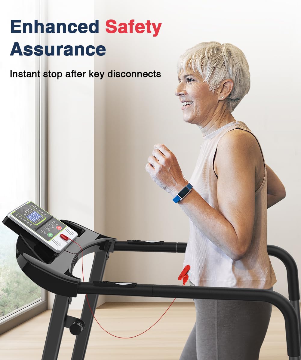 Redliro Foldable Walking Treadmill for Seniors - 300 lbs Weight Capacity with Long Handrail & LCD Display - Home Fitness Exercise Machine with Phone/Cup Holder - Perfect for Elderly Recovery, Low-Impact Workouts & Small Space Home Gyms