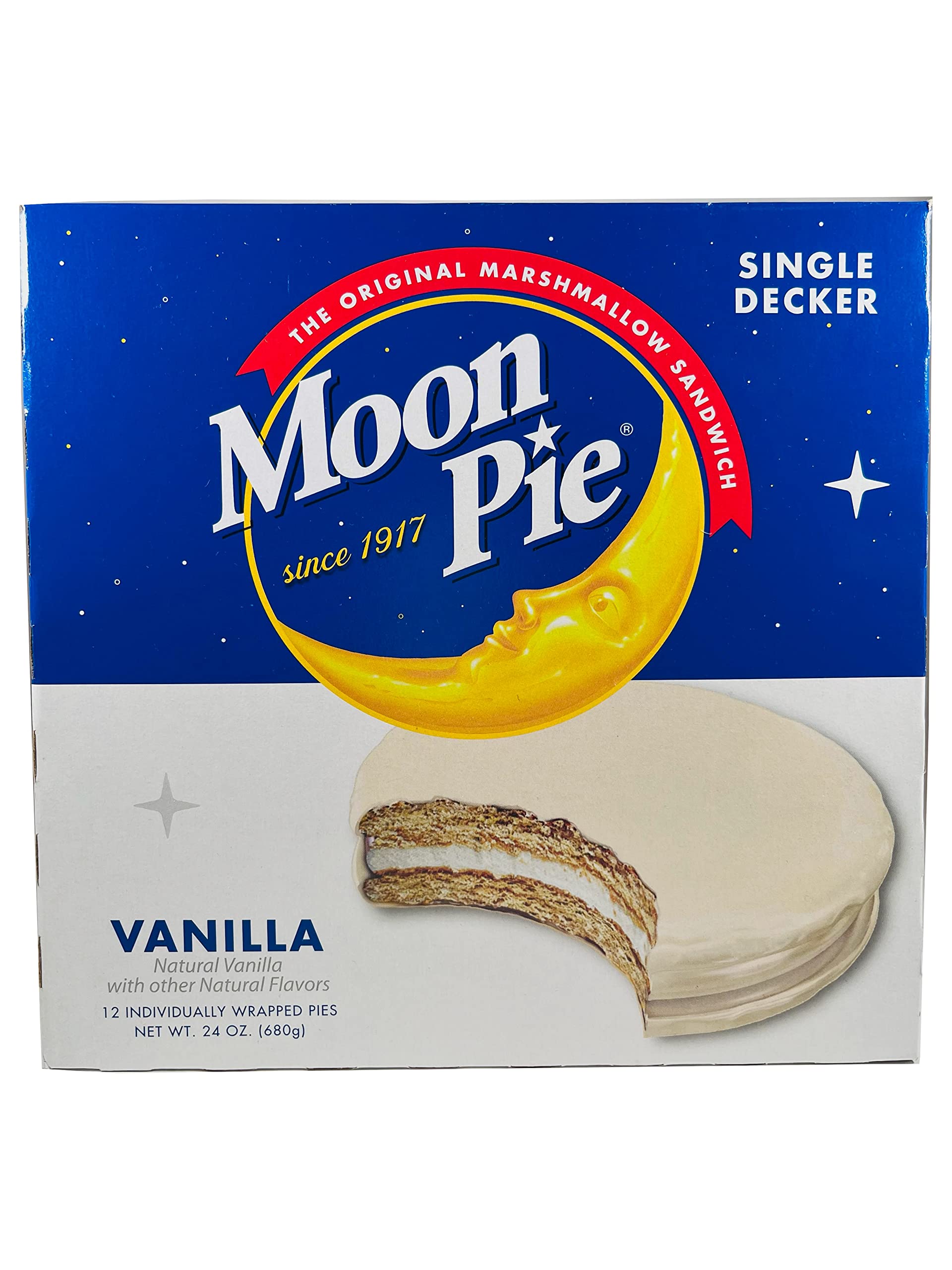 Moon Pie Single Decker Vanilla - Original Marshmallow Sandwich Snacks (12 Pies/Box) - Perfect for Lunchboxes, Camping & Road Trips