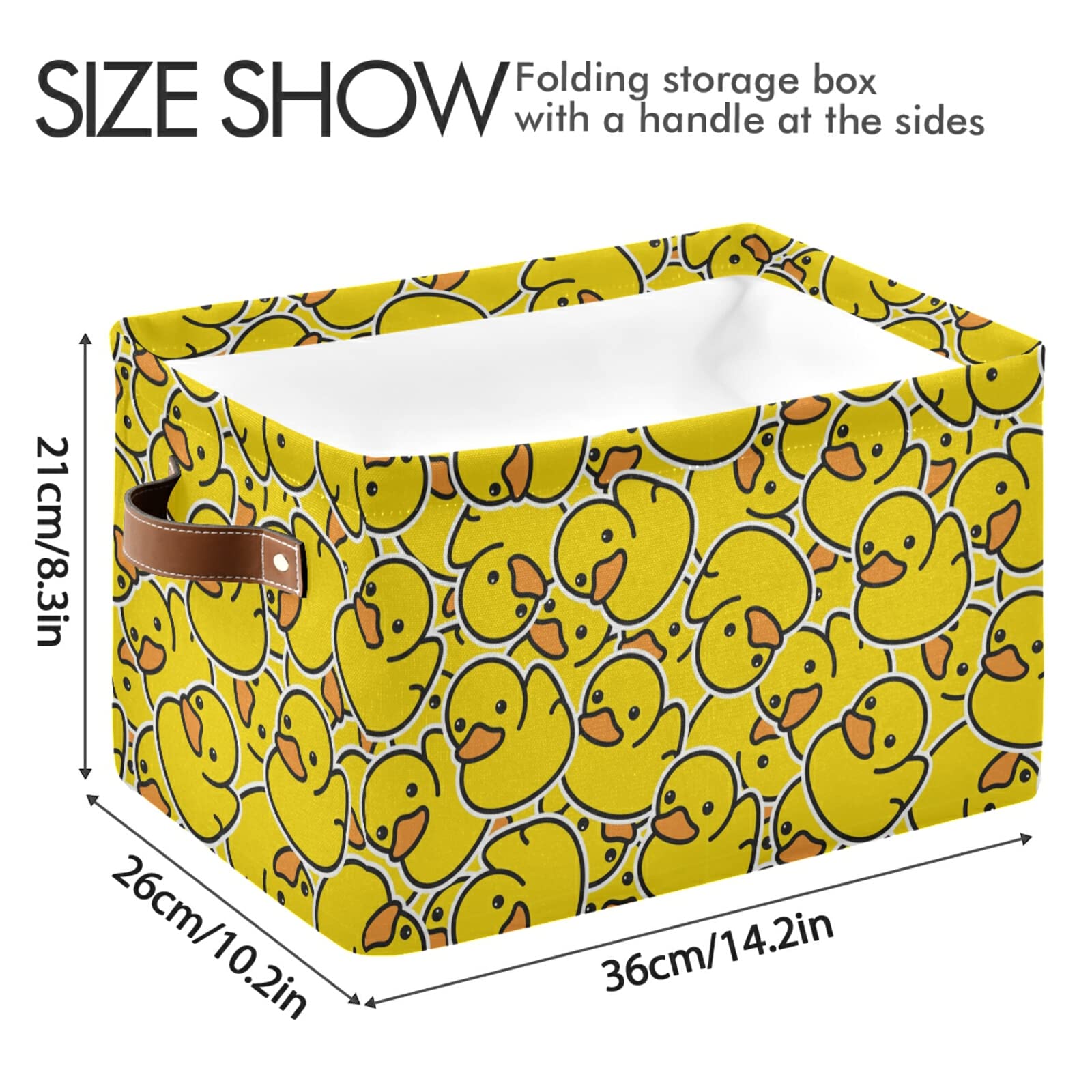 Collapsible Rectangular Storage Basket with Leather Handles - Waterproof Rubber Duck Design Storage Bin for Home Organization, Bedroom, Bathroom & Kids Room - Foldable Shelves Basket Organizer for Toys, Towels & Clothes