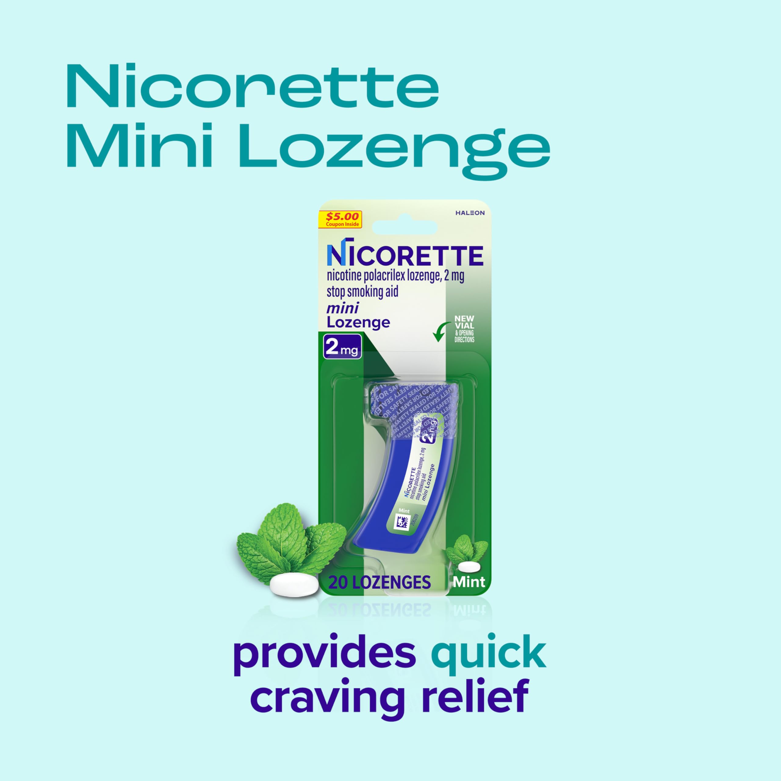 Nicorette 2mg Mini Nicotine Lozenges for Quitting Smoking - Mint Flavored Stop Smoking Aid, 20 Count - Helps Reduce Cravings & Withdrawal Symptoms - Perfect for Work, Travel & Home Use