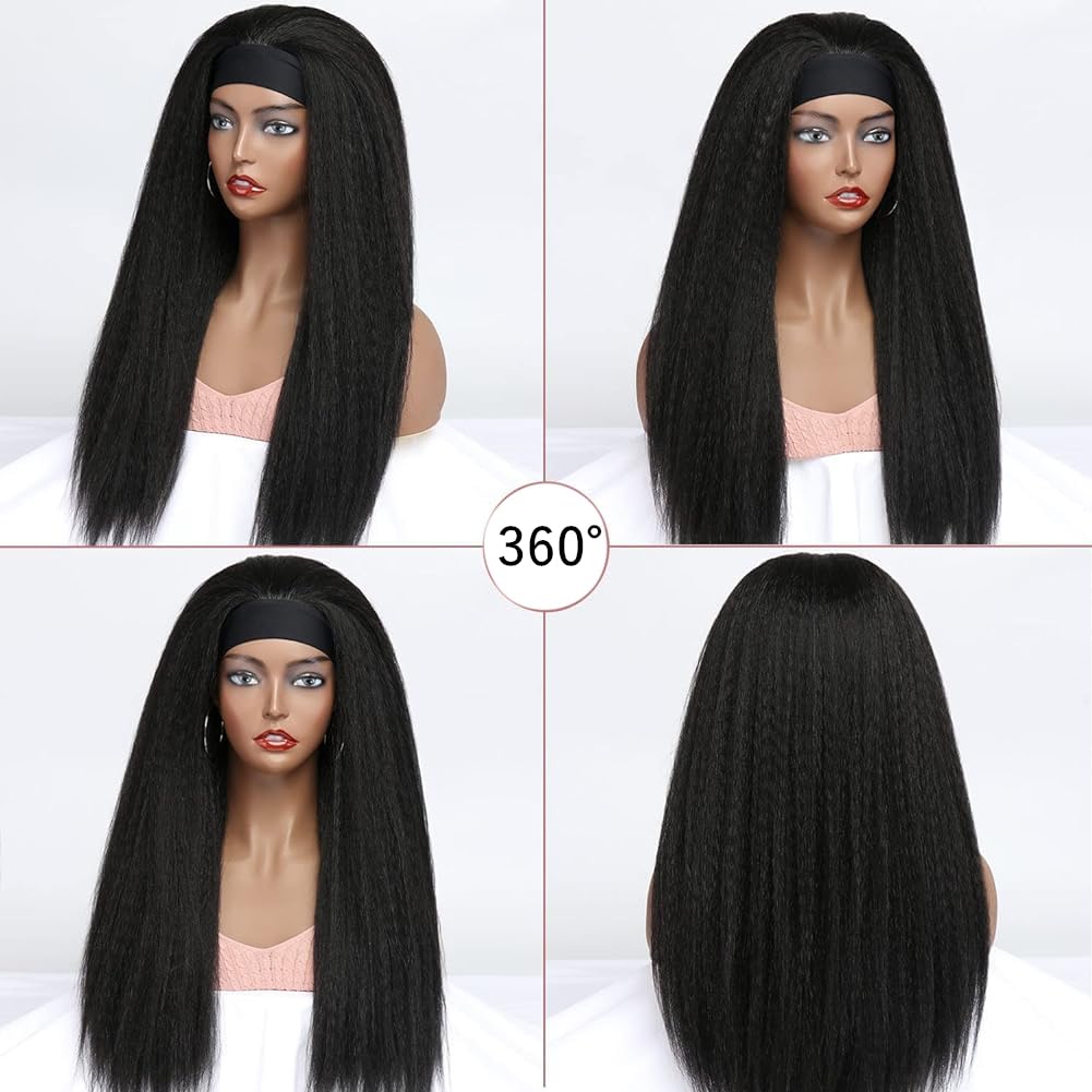 30 Inch Kinky Straight Human Hair Wig - 180% Density 12A Grade Yaki Straight Headband Wig for Black Women | Natural Black Color Half Wig with Attached Headband | Perfect for Daily Wear, Parties & Protective Hairstyles