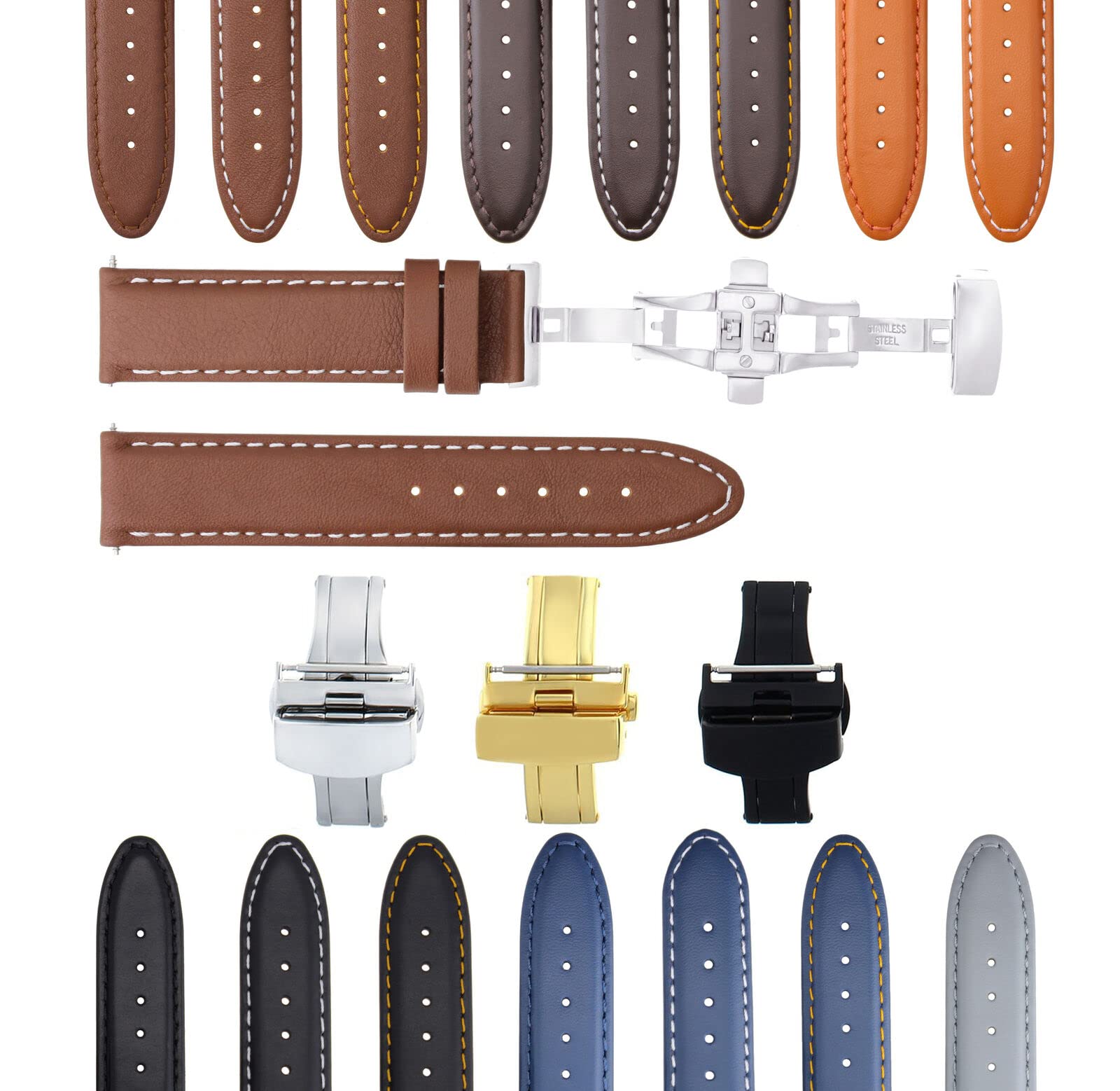 18mm 19mm 20mm 22mm 24mm Genuine Leather Watch Band Replacement Strap with Smooth Deployant Clasp - Compatible with Citizen Eco-Drive Watches - Perfect for Business, Casual & Dress Occasions