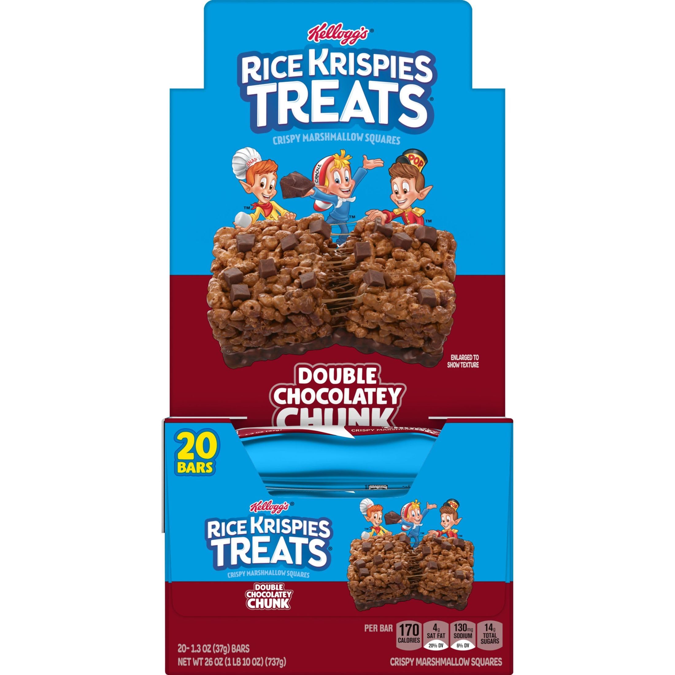 Double Chocolate Chunk Rice Krispies Treats Marshmallow Snack Bars - 26oz Box (20 Bars) | Kids Snacks, School Lunch, After School Treats, Birthday Party Favors & Office Snacks
