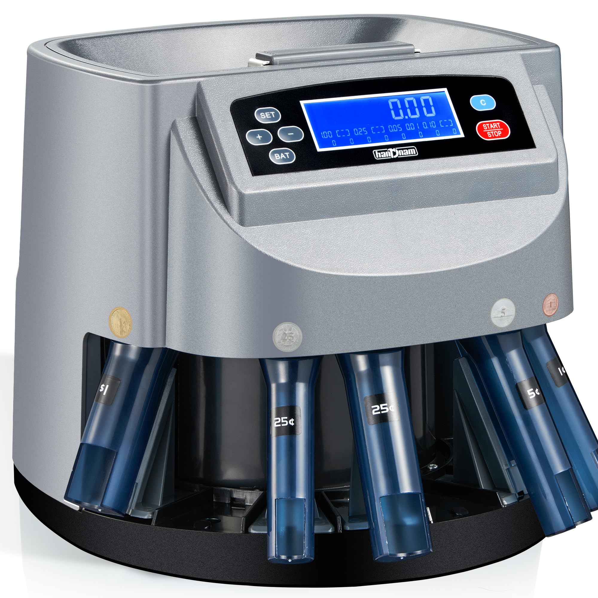 Professional USD Coin Counter Machine - 500 Coins Capacity Automatic Electric Change Sorter with LCD Display | Sorts 270 Coins/Min | Includes 5 Coin Bins & Wrapper Rolls | Perfect for Banks, Retail Stores & Home Use