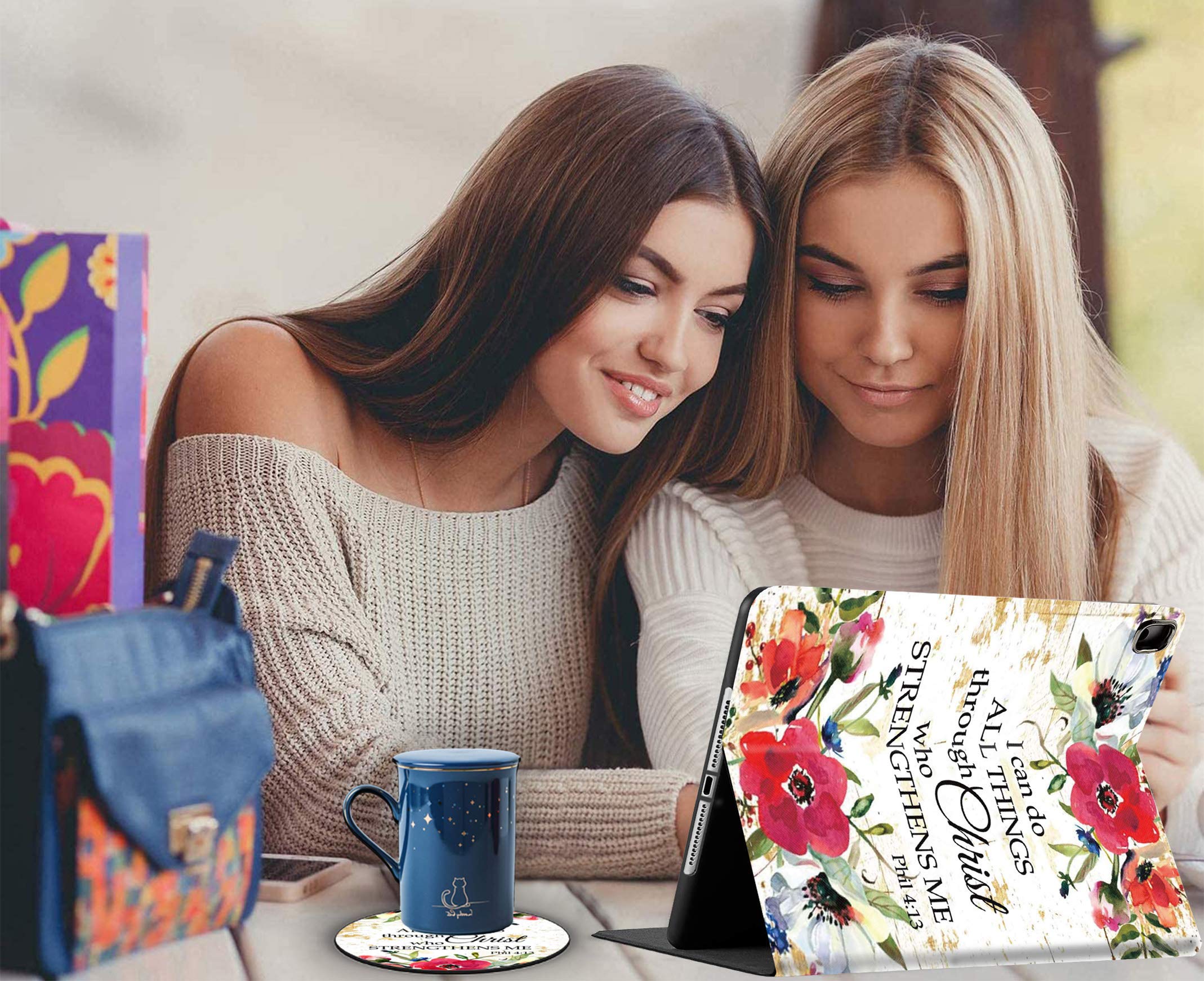 Premium iPad 9.7 Inch Case (2018/2017 Models) - Compatible with iPad 5th/6th Gen & iPad Air 1/2 - Christian Bible Quote Design (Philippians 4:13) with Watercolor Flowers - Perfect for School, Work & Travel Protection