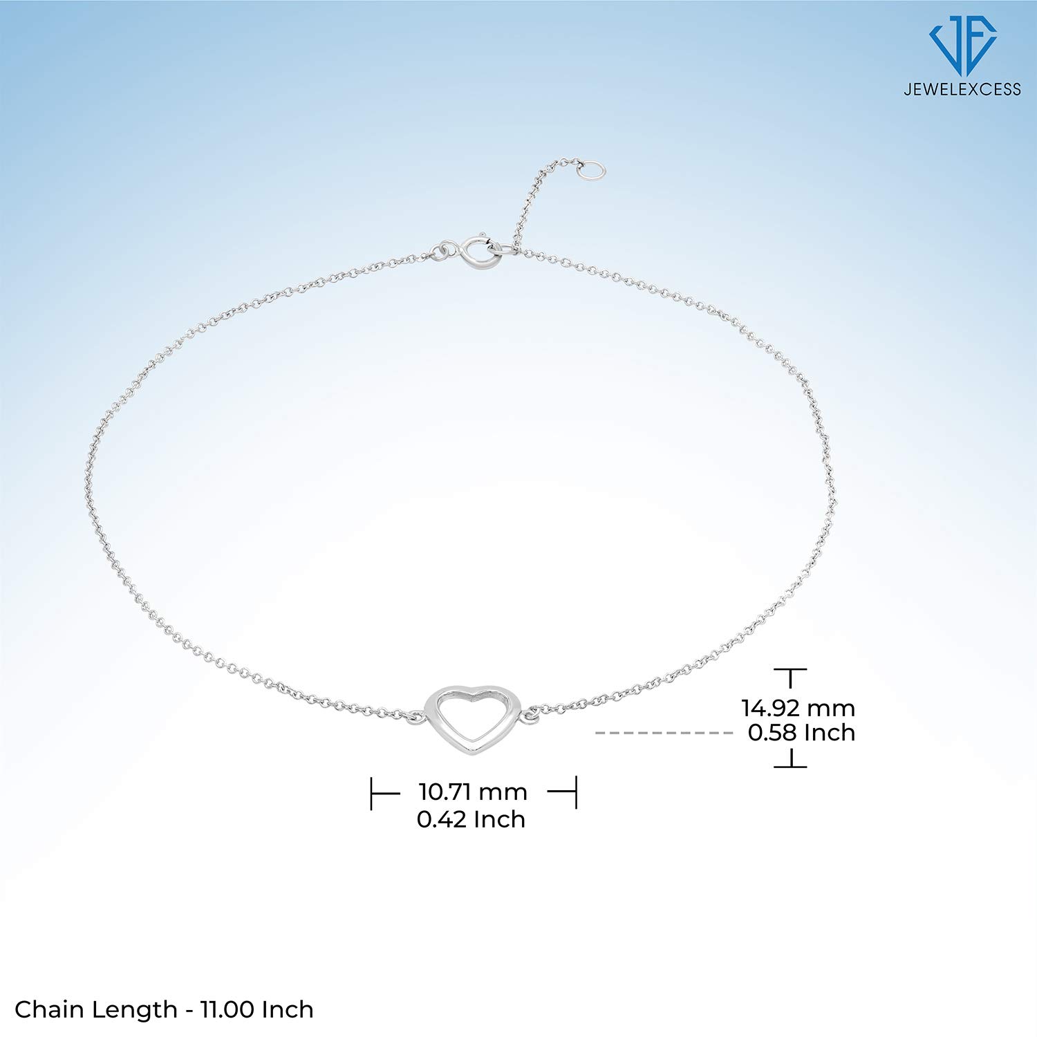 JEWELEXCESS Sterling Silver Heart Anklet for Women - Adjustable 11 Inch 925 Silver Ankle Bracelet - Perfect Gift for Her | Elegant Jewelry for Beach, Date Night & Special Occasions
