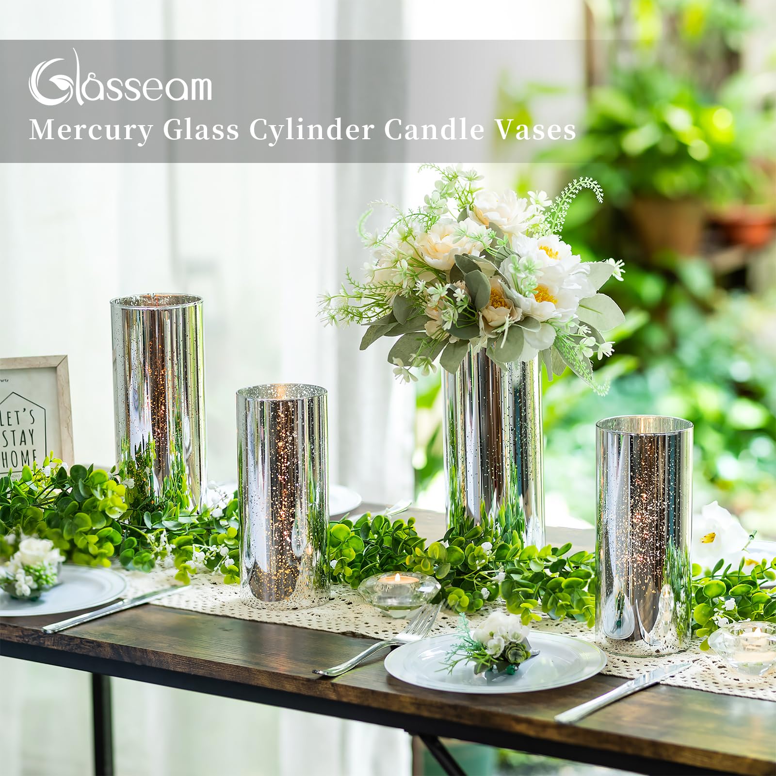 Glasseam Silver Hurricane Candle Holder Set of 2 - Modern Mercury Glass Cylinder Candle Holders for Pillar Candles, Floating Candle Vases - Perfect for Wedding Centerpieces, Dining Table Decor, Christmas Holiday Home Decor