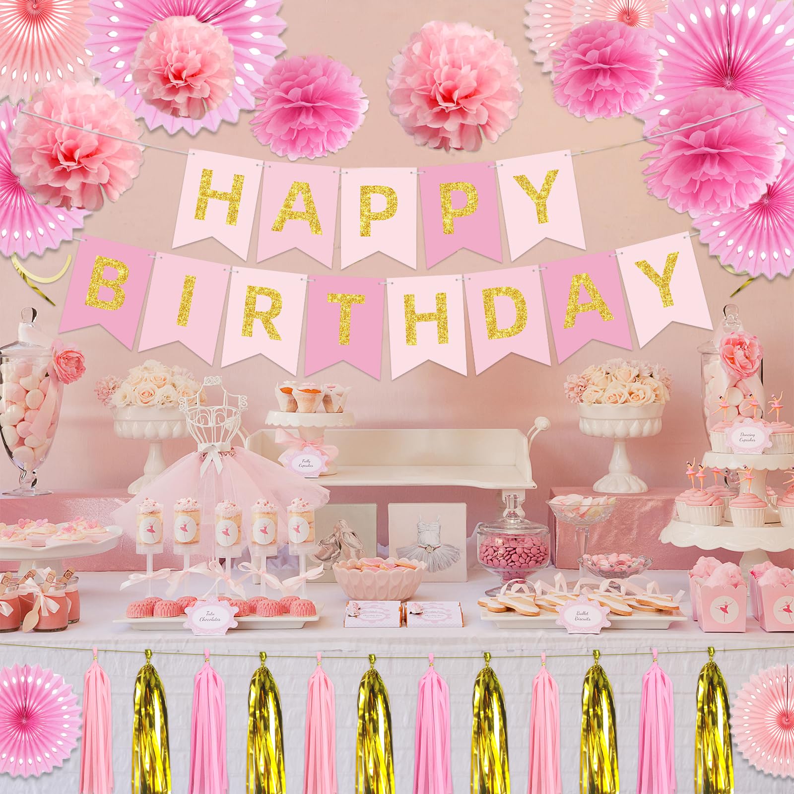 Pink Birthday Party Decorations Kit - Happy Birthday Banner, Tissue Paper Pom Poms & Hanging Fans for Women & Girls | Perfect for Birthday Celebrations, Baby Showers & Bridal Showers